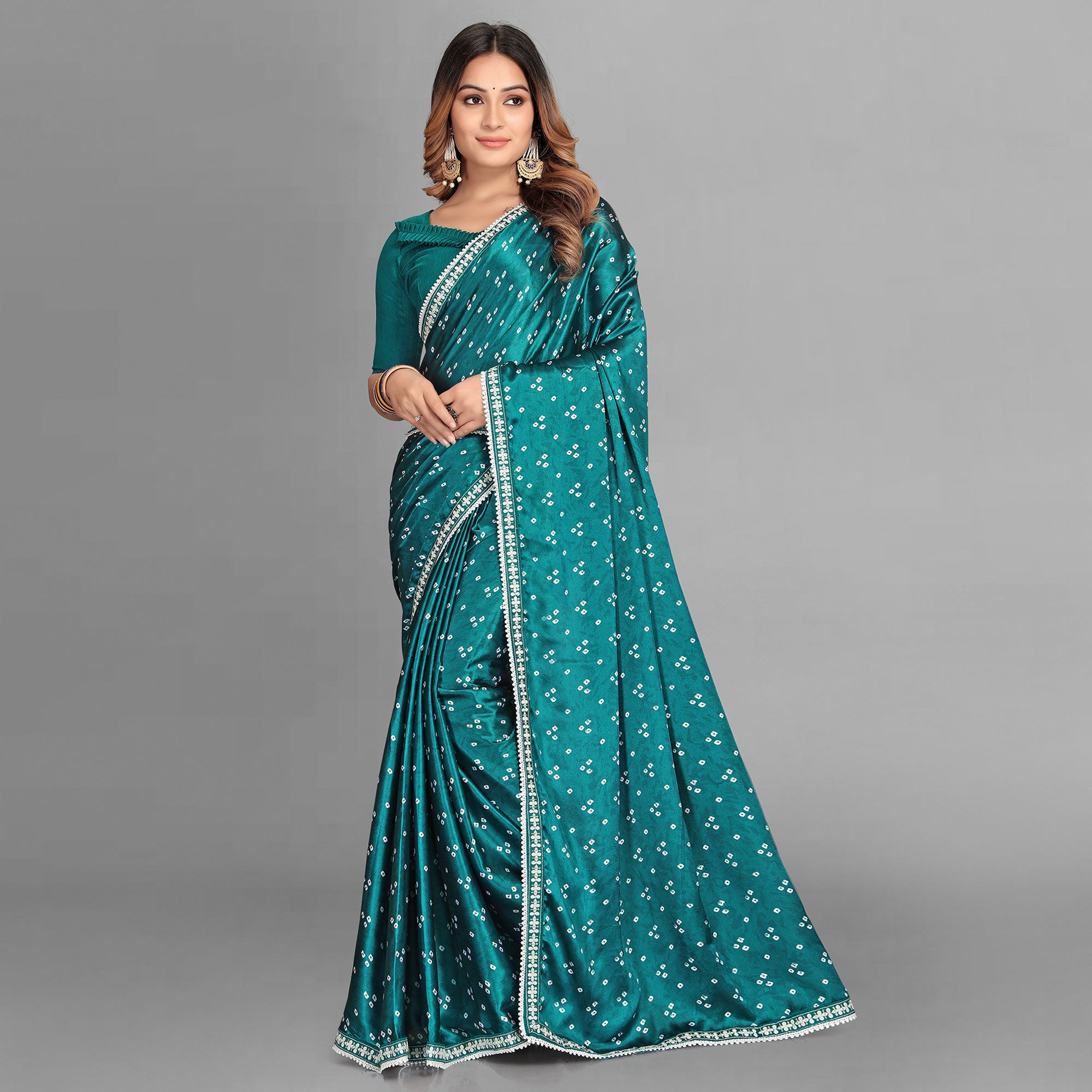 Rama Blue Bandhani Printed Satin Saree