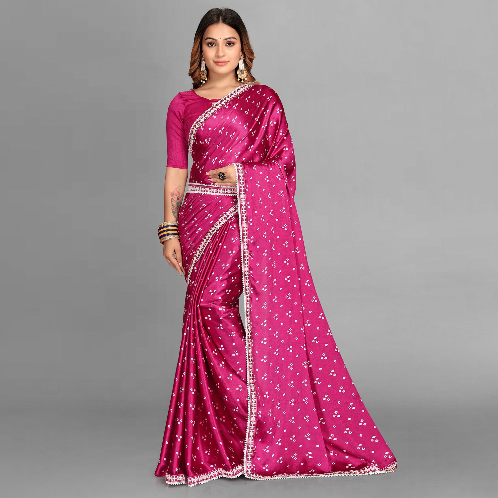 Pink Bandhani Printed Satin Saree