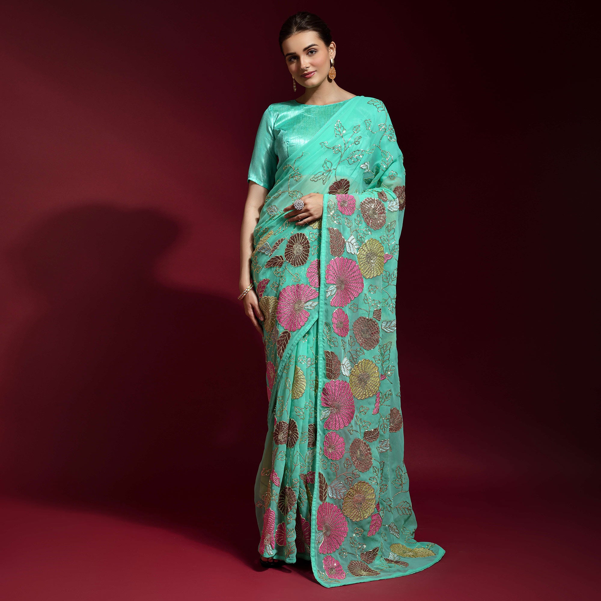 Sea Green Floral Sequins Embroidered Georgette Saree