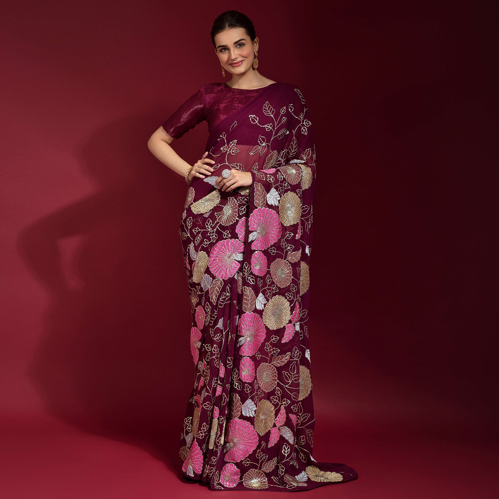 Wine Floral Sequins Embroidered Georgette Saree