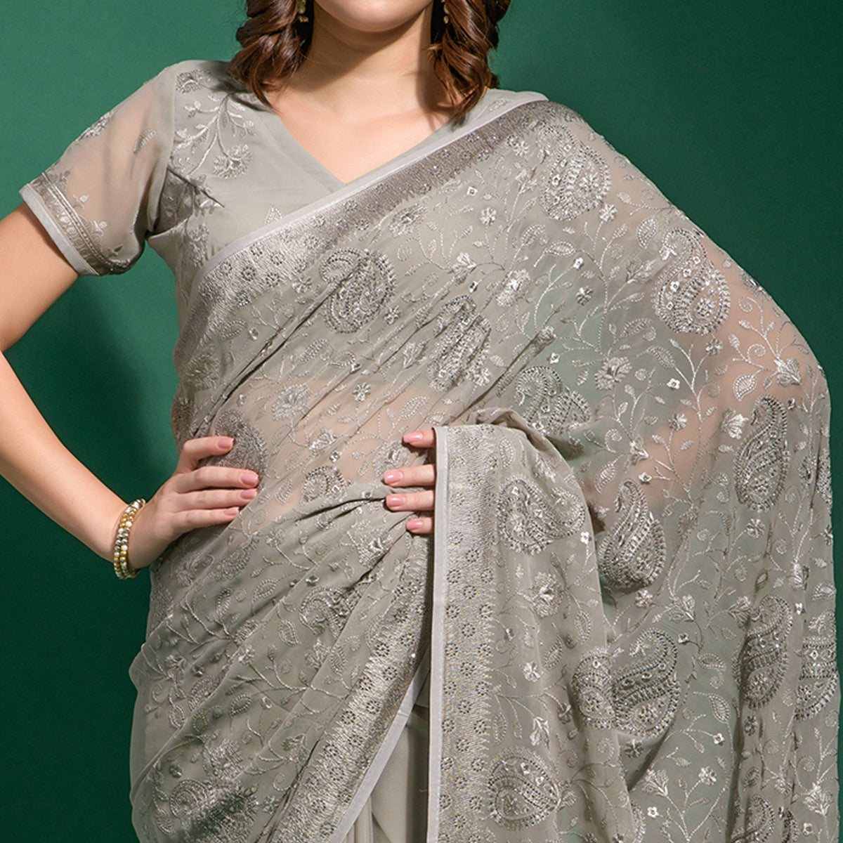 Grey Floral Embroidered Georgette Saree