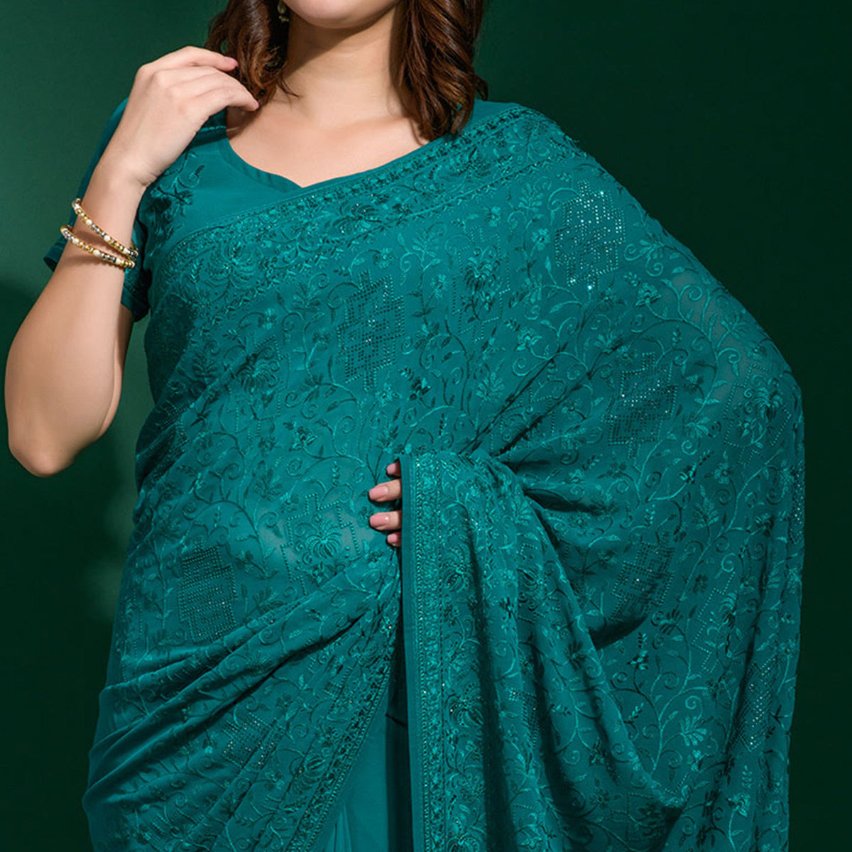 Teal Blue Floral Embroidered Georgette Saree