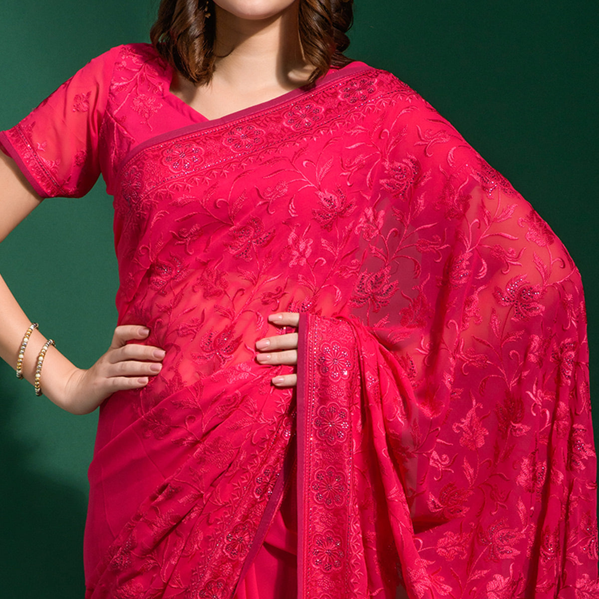 Pink Floral Embroidered Georgette Saree