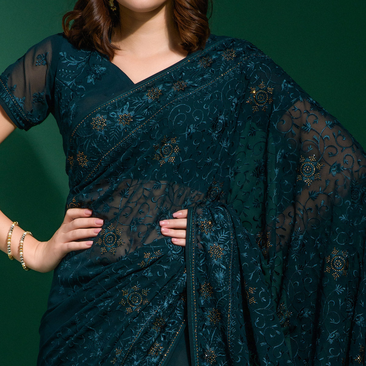 Blue Floral Embroidered Georgette Saree