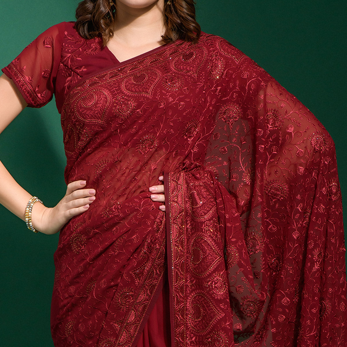 Maroon Floral Embroidered Georgette Saree