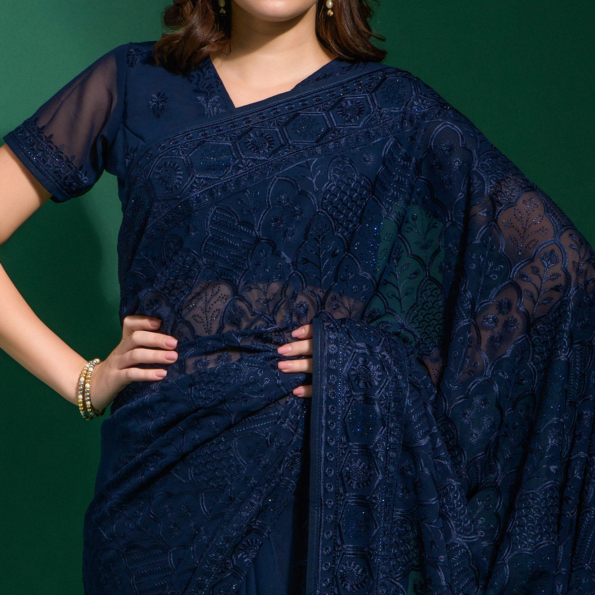 Navy Blue Floral Embroidered Georgette Saree