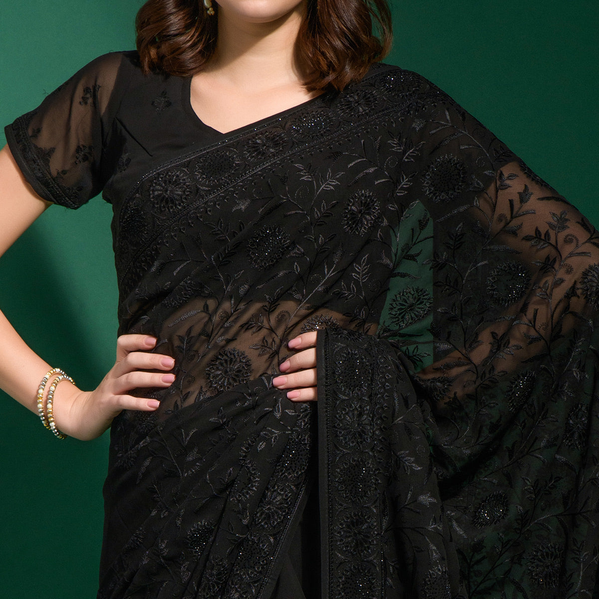 Black Floral Embroidered Georgette Saree