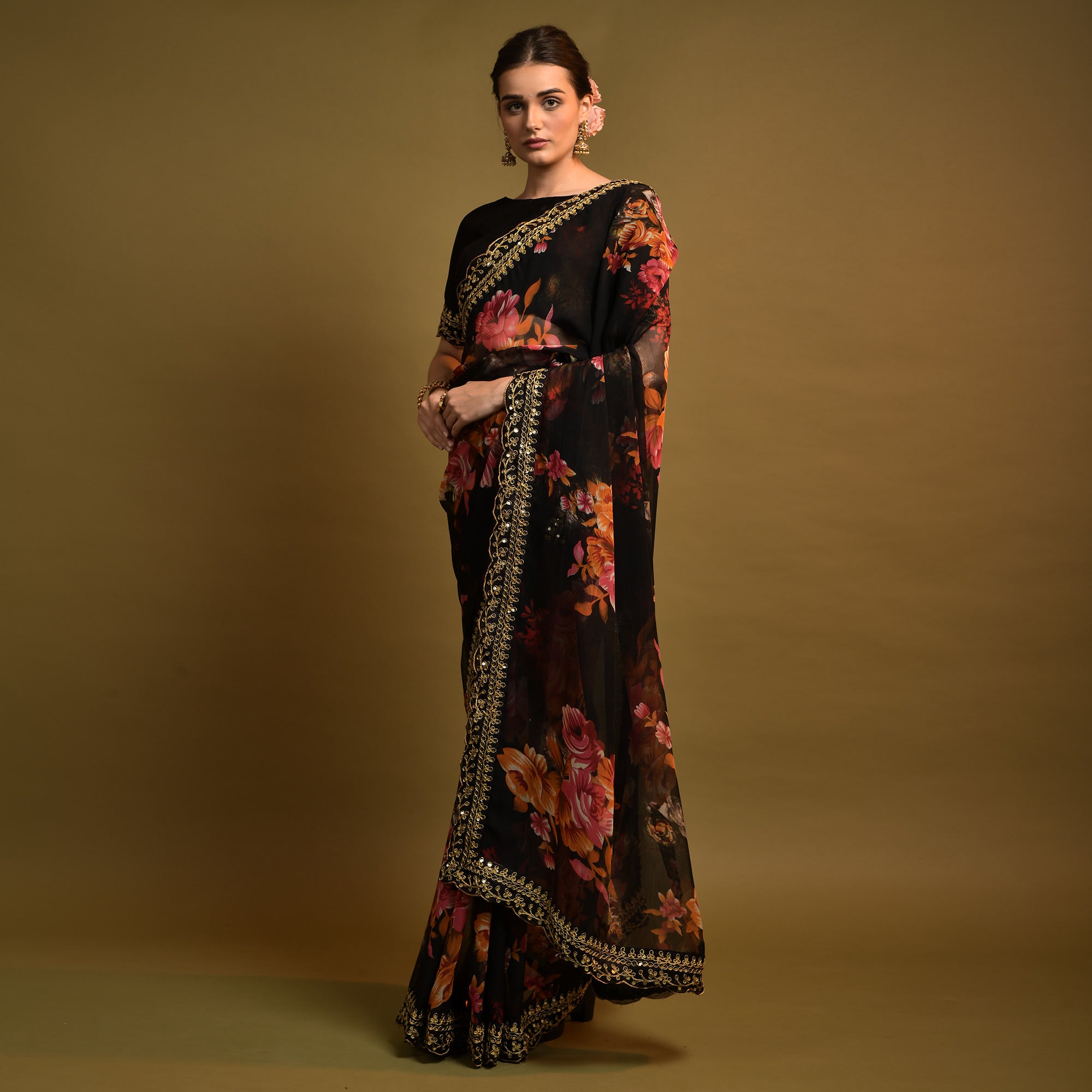 Black Floral Printed Georgette Saree With Embroidered Border