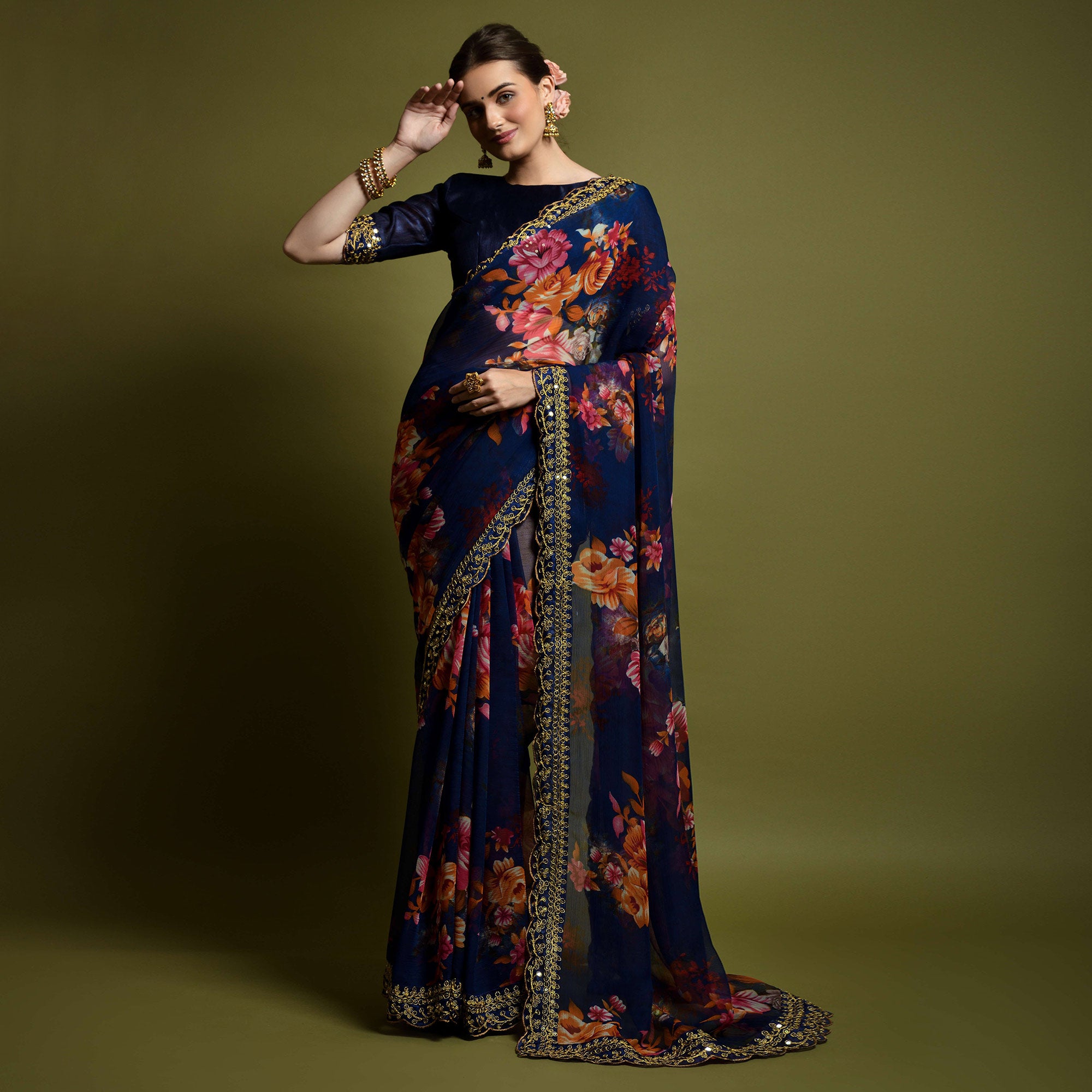 Blue Floral Printed Georgette Saree With Embroidered Border