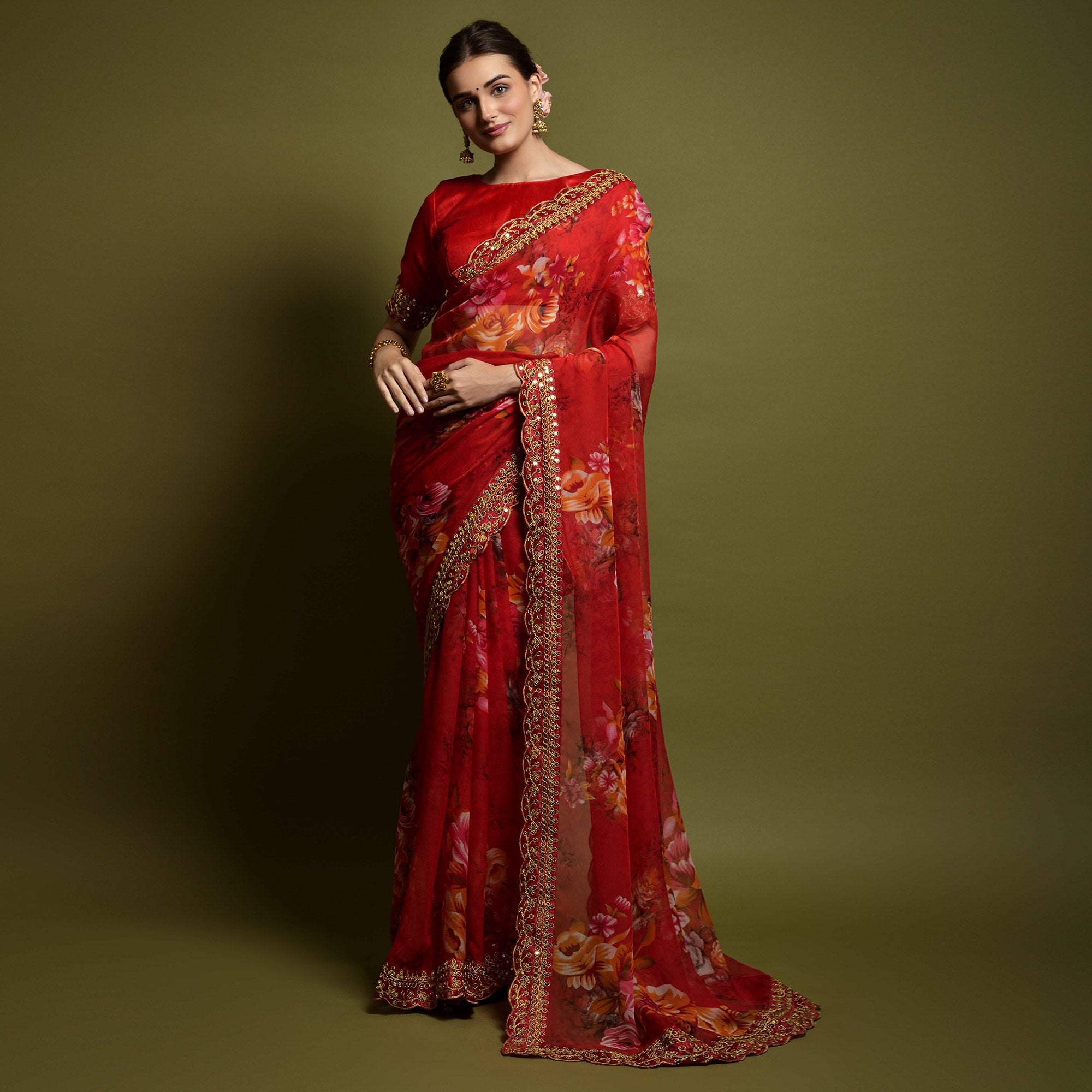 Red Floral Printed Georgette Saree With Embroidered Border