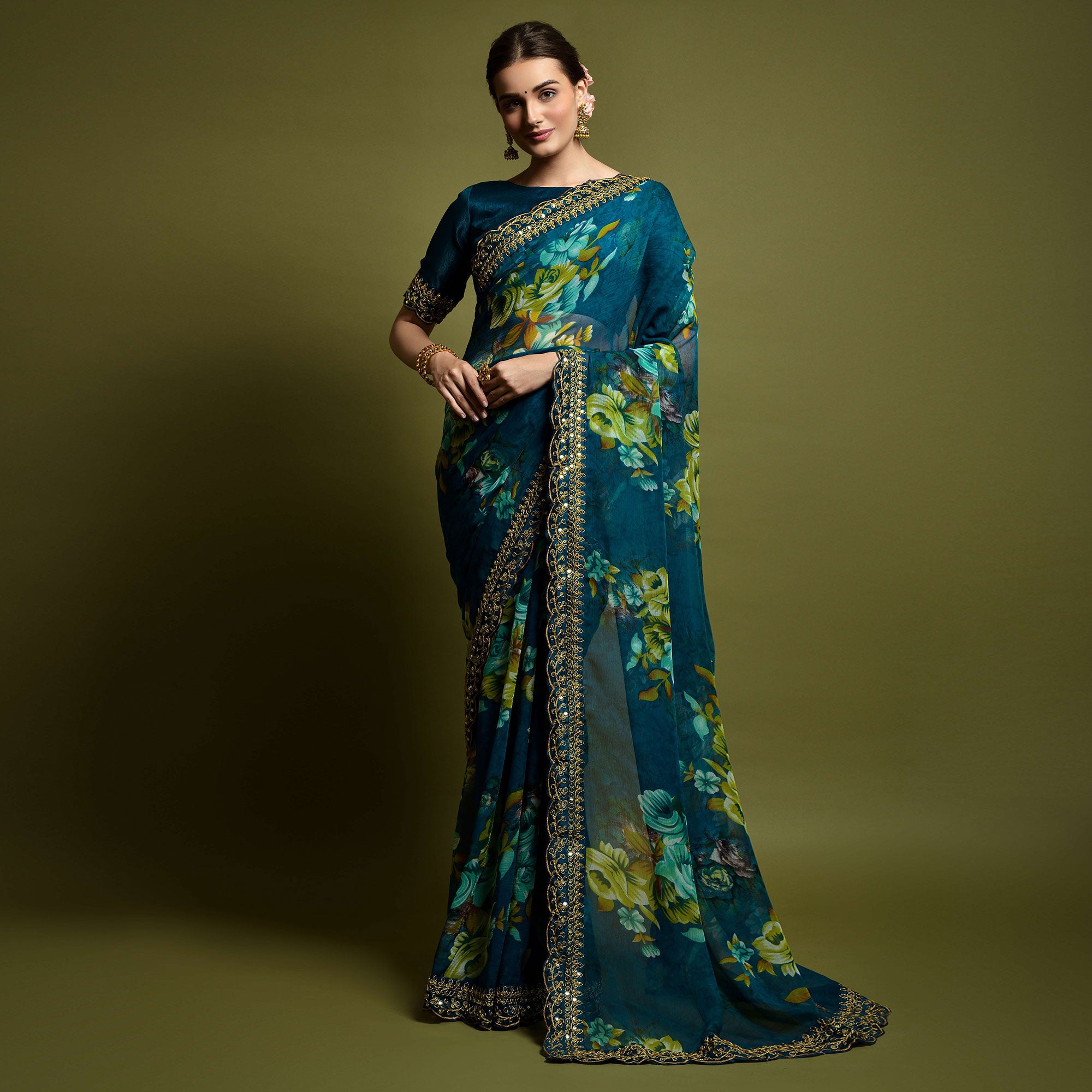 Teal Floral Printed Georgette Saree With Embroidered Border