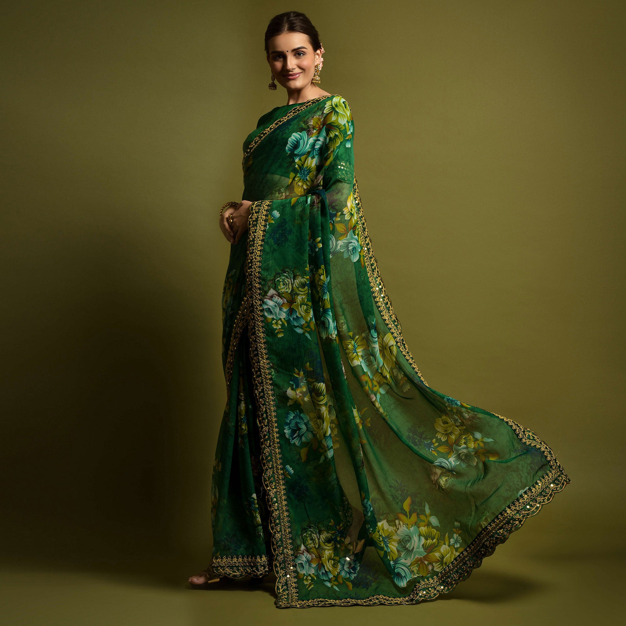 Green Floral Printed Georgette Saree With Embroidered Border