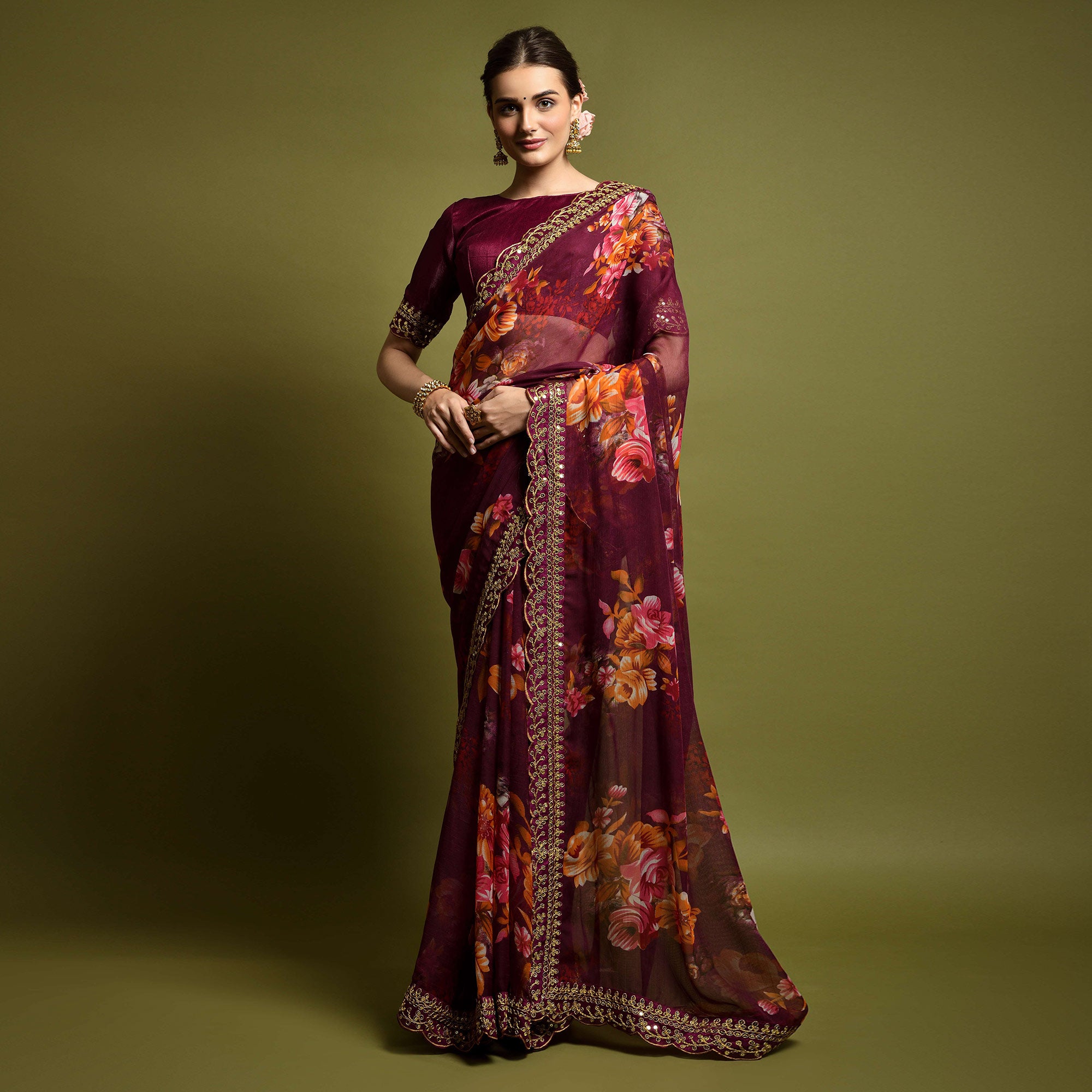 Wine Floral Printed Georgette Saree With Embroidered Border