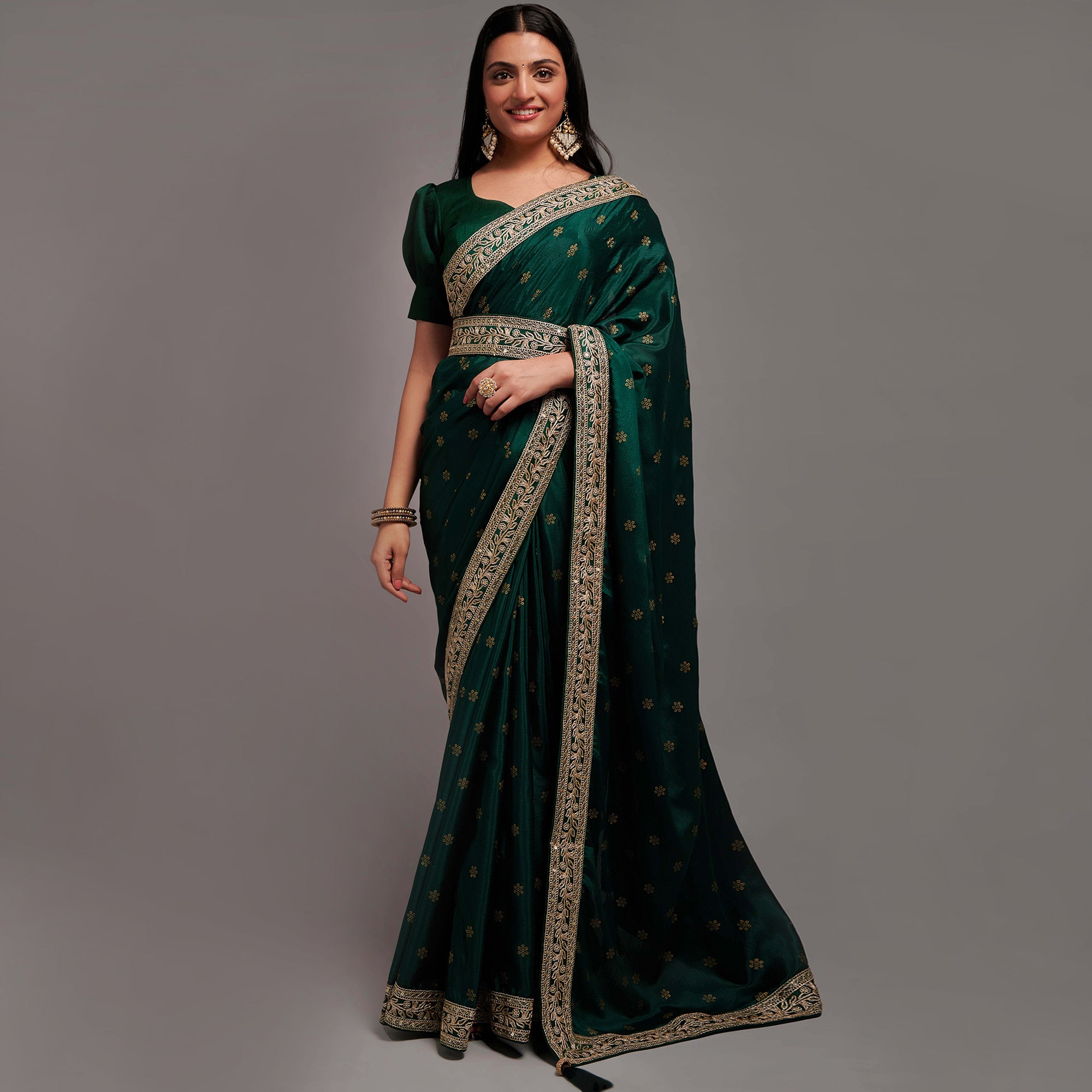 Green Foil Printed With Embroidered Border Chinon Saree