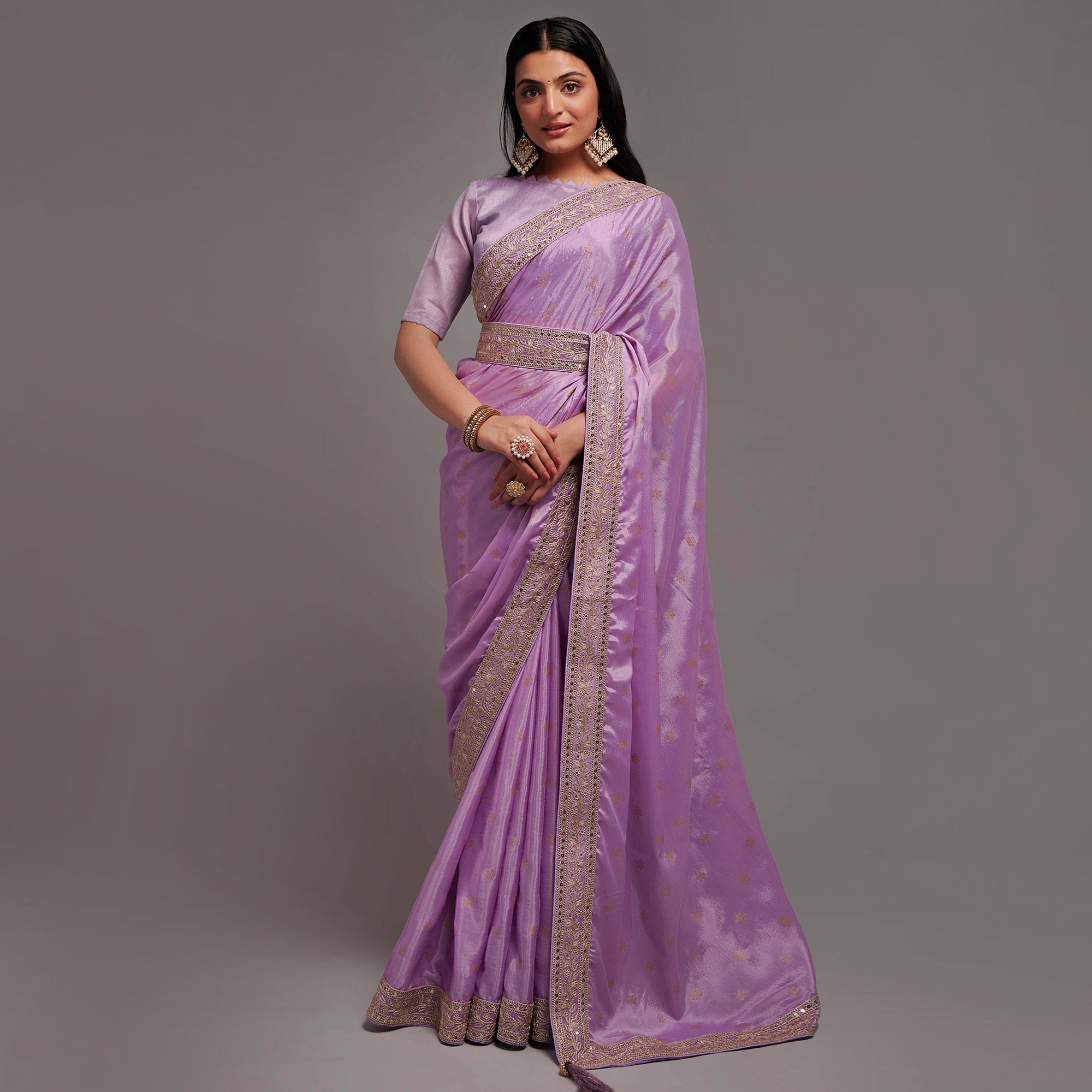 Light Purple Foil Printed With Embroidered Border Chinon Saree