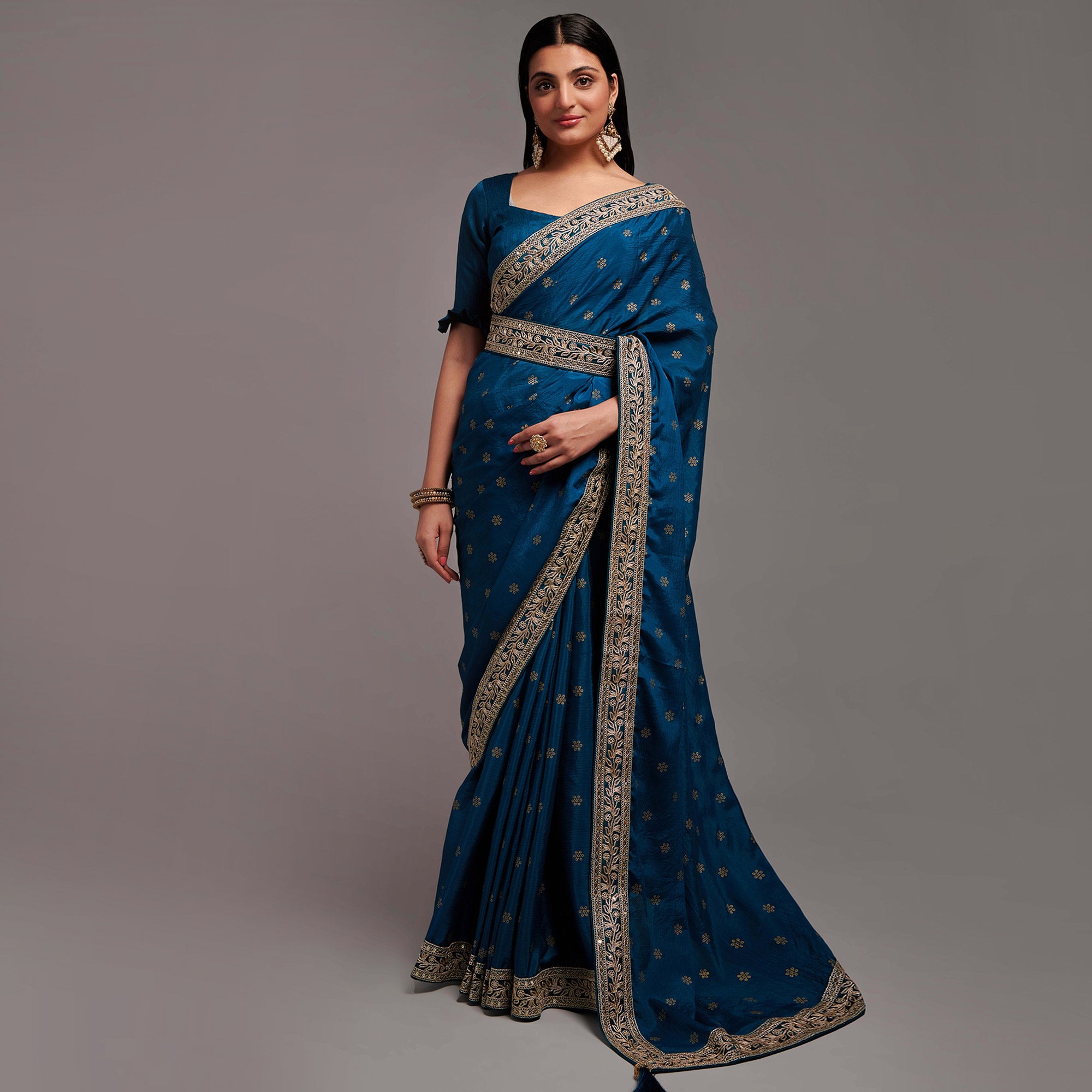 Blue Foil Printed With Embroidered Border Chinon Saree