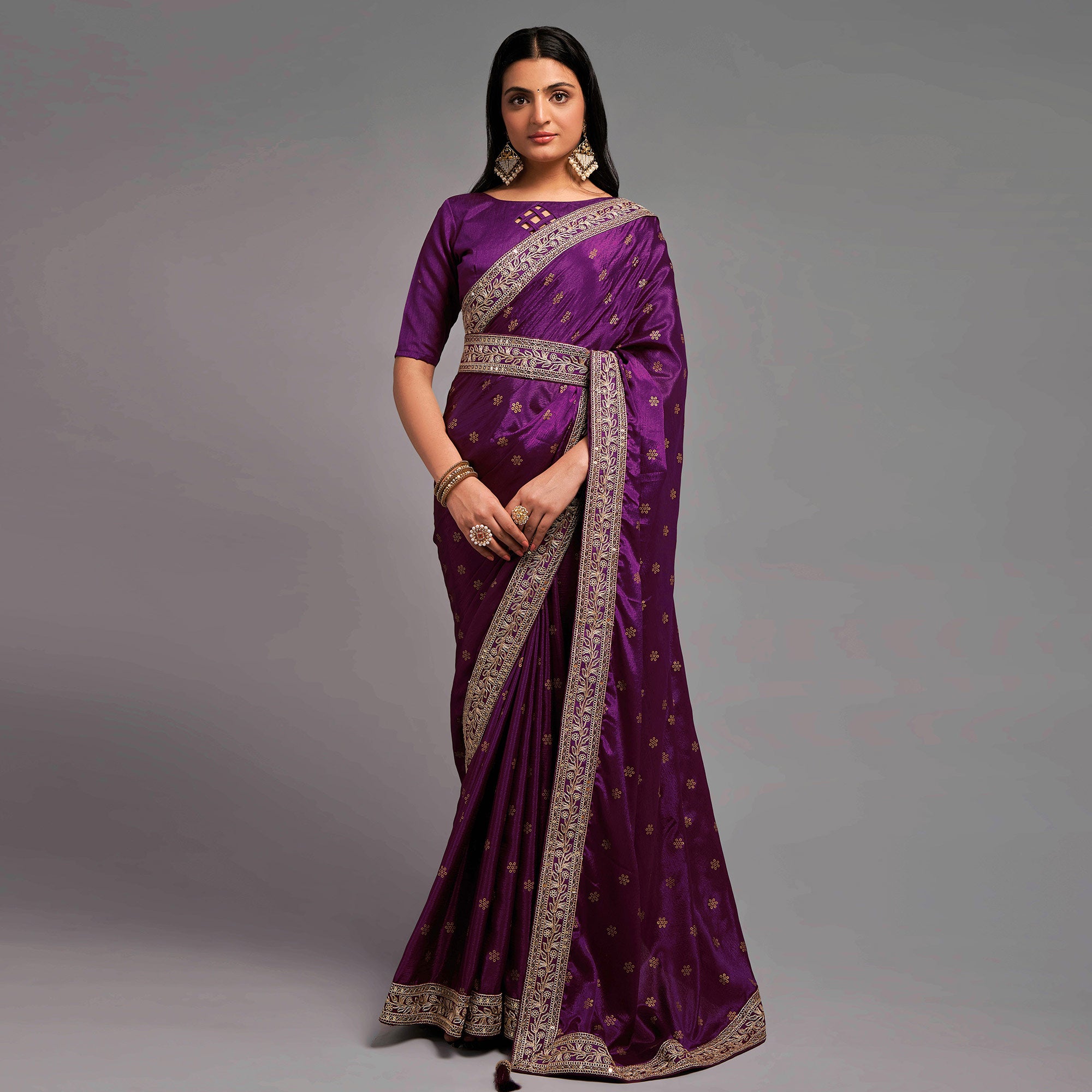 Wine Foil Printed With Embroidered Border Chinon Saree