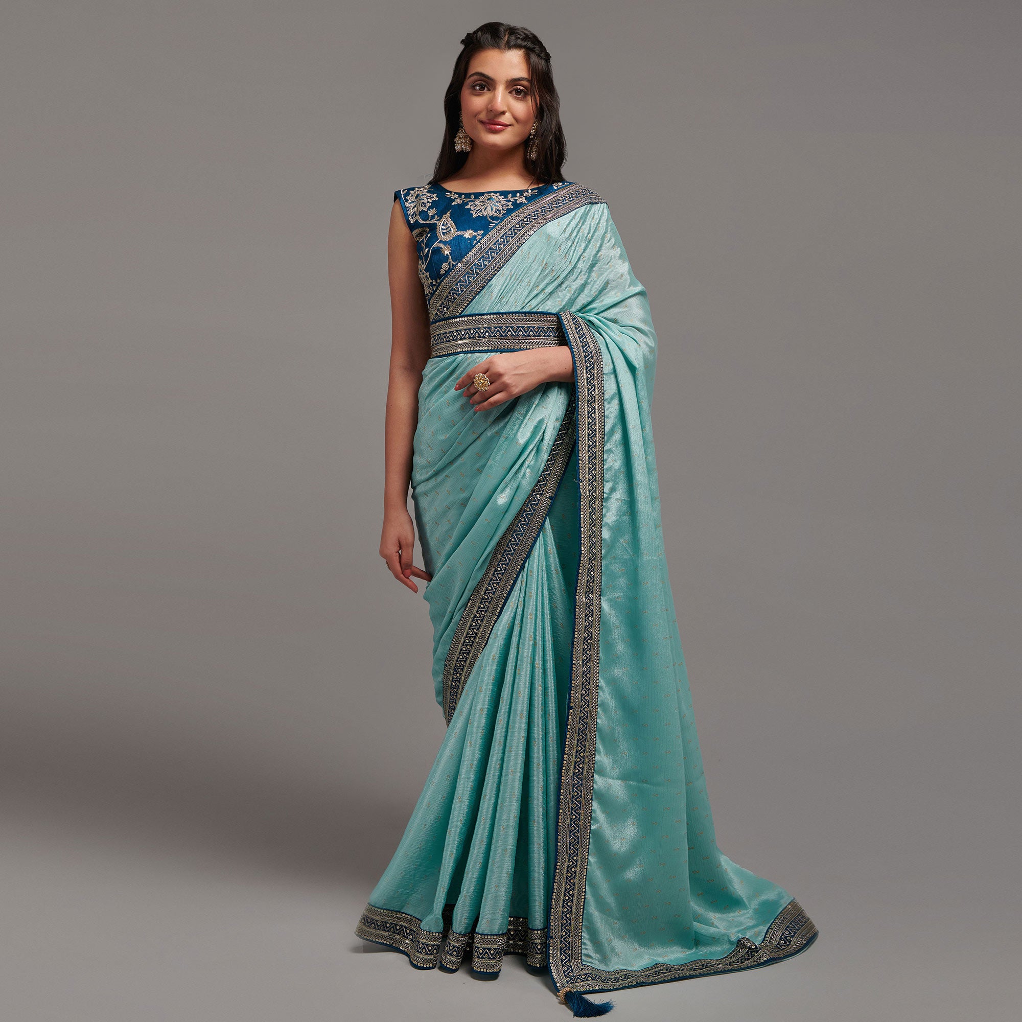 Turquoise Foil Printed With Embroidered Border Chinon Saree