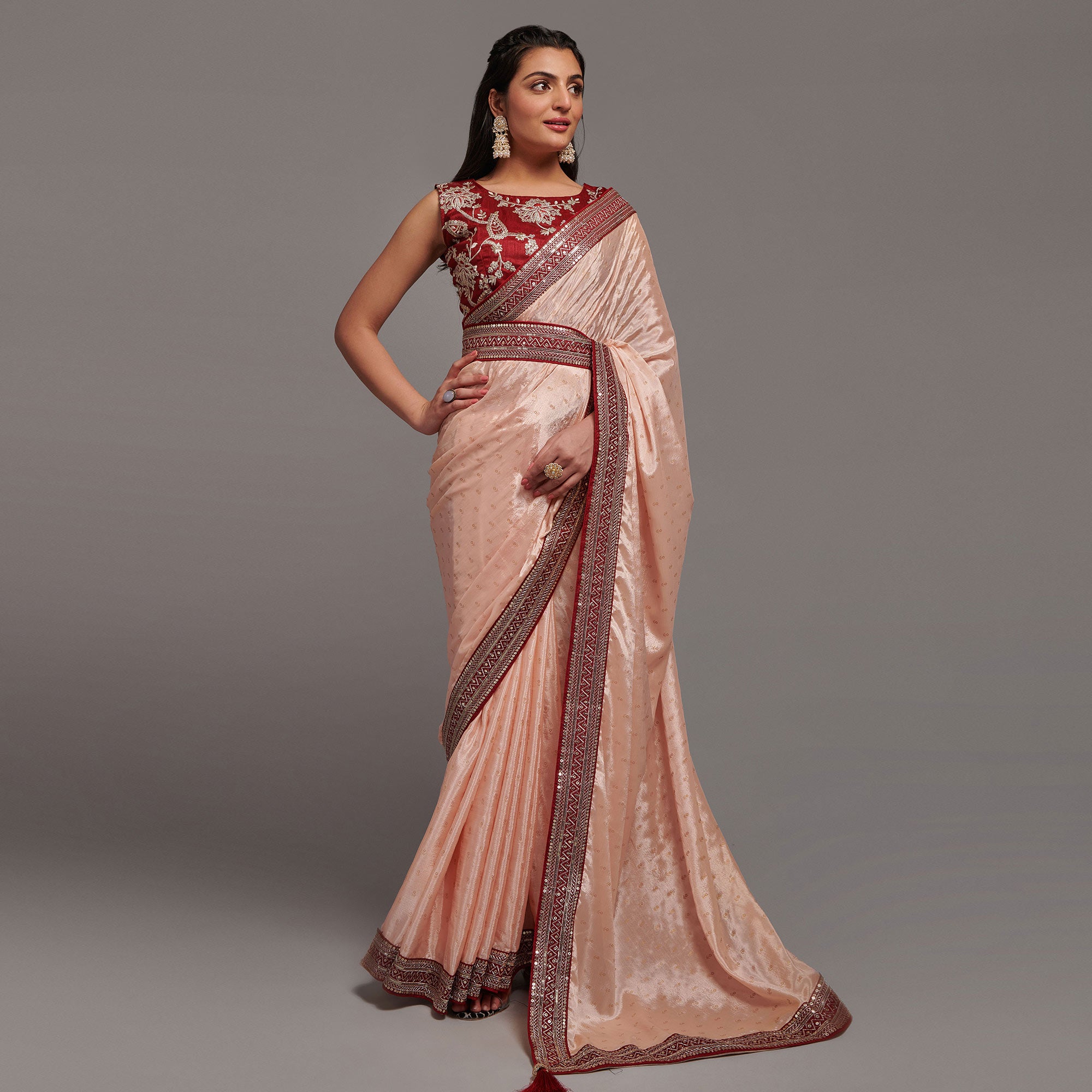 Peach Foil Printed With Embroidered Border Chinon Saree