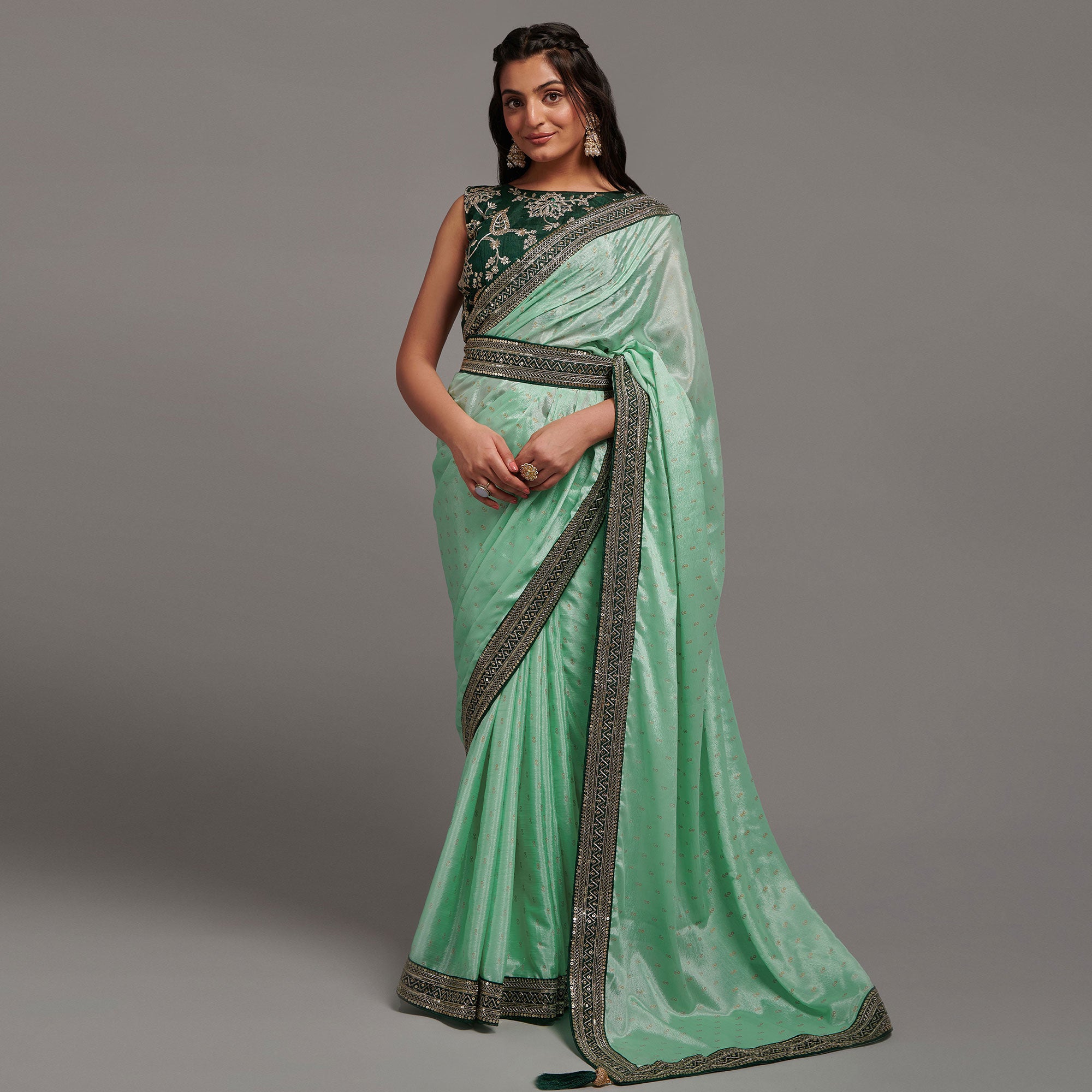 Green Foil Printed With Embroidered Border Chinon Saree