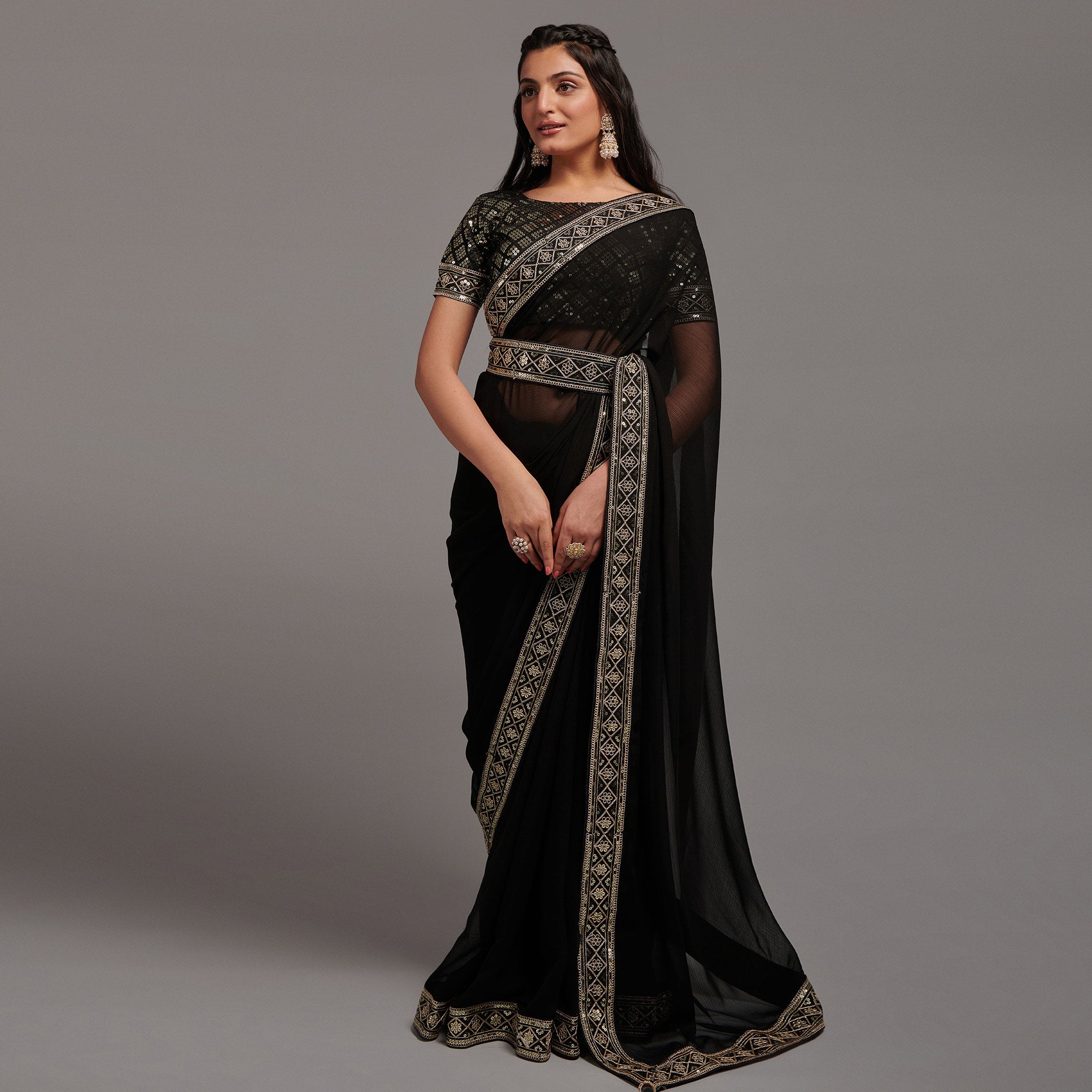 Black Sequins Embroidered Border Chinon Saree