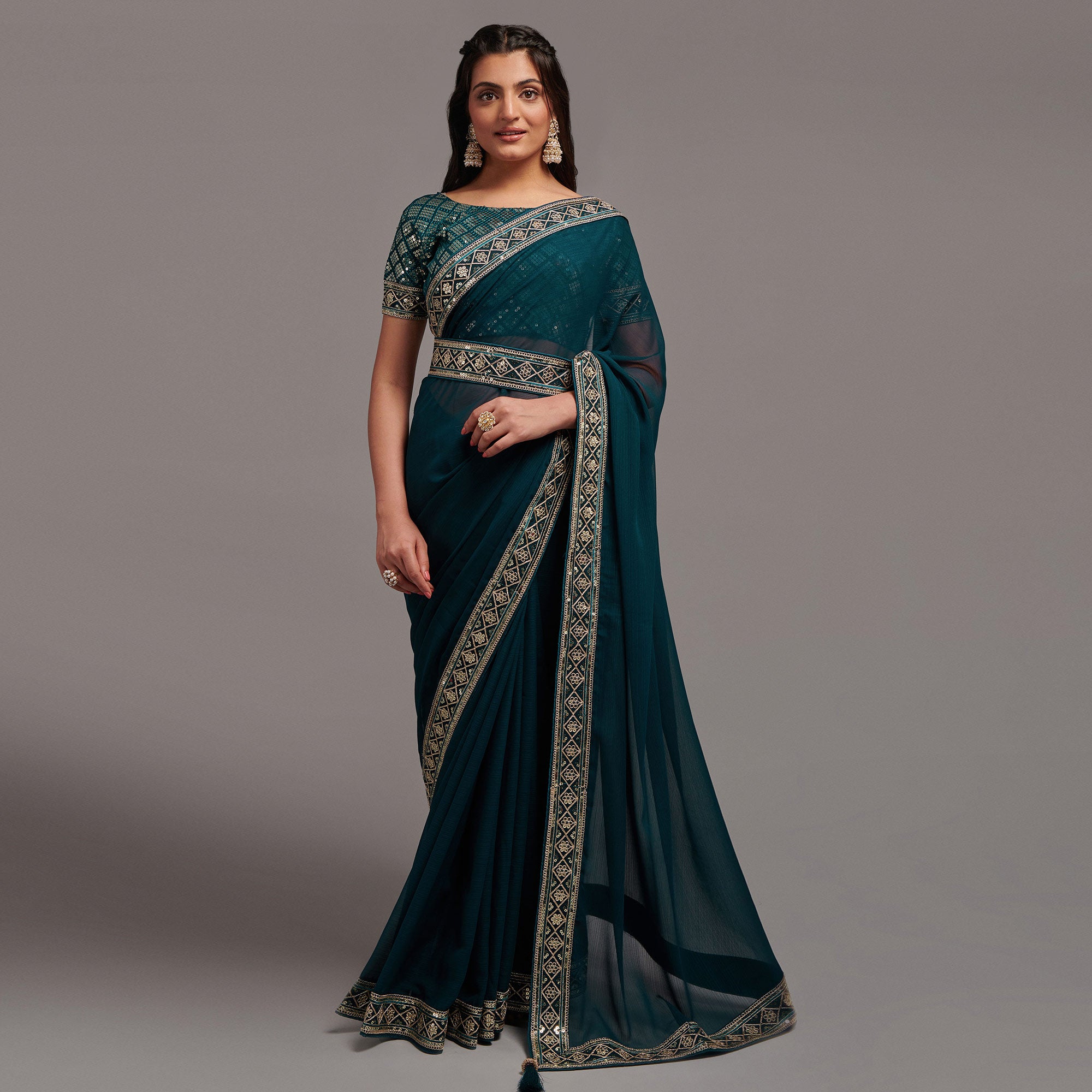 Morpich Sequins Embroidered Border Chinon Saree