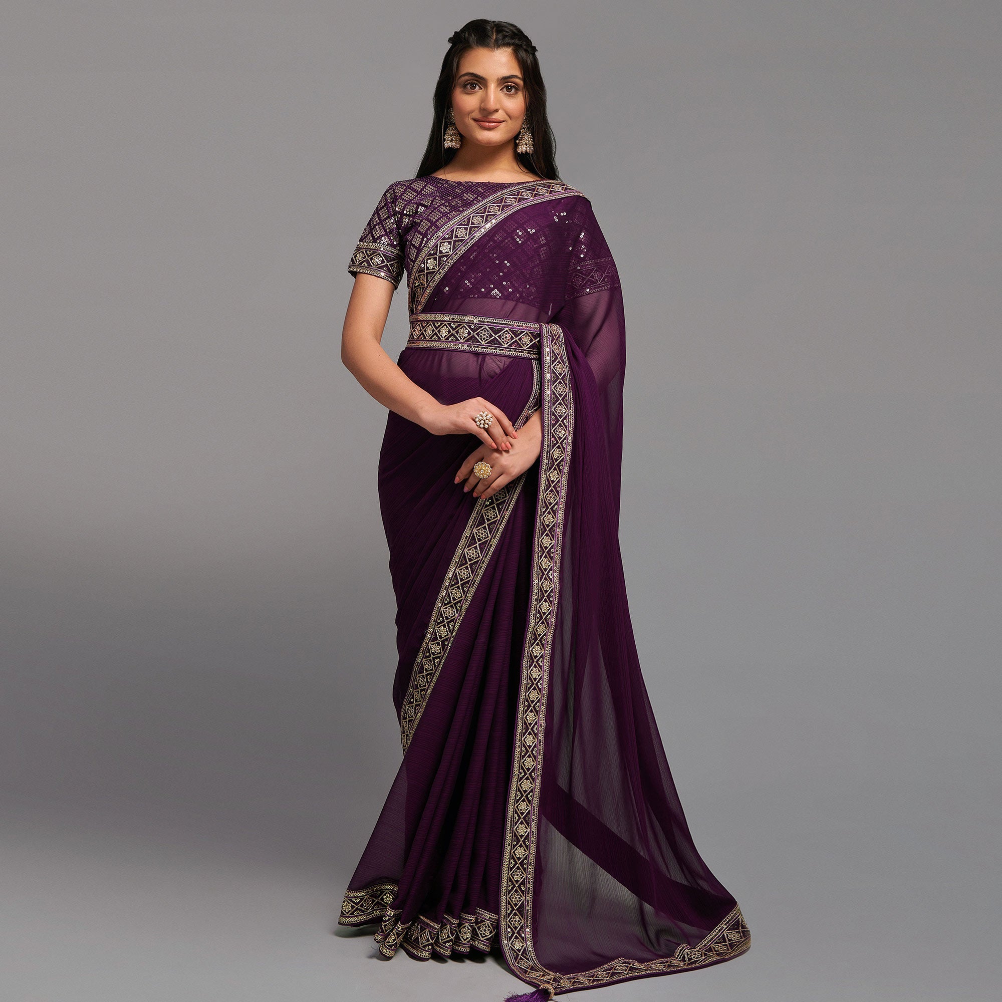 Wine Sequins Embroidered Border Chinon Saree