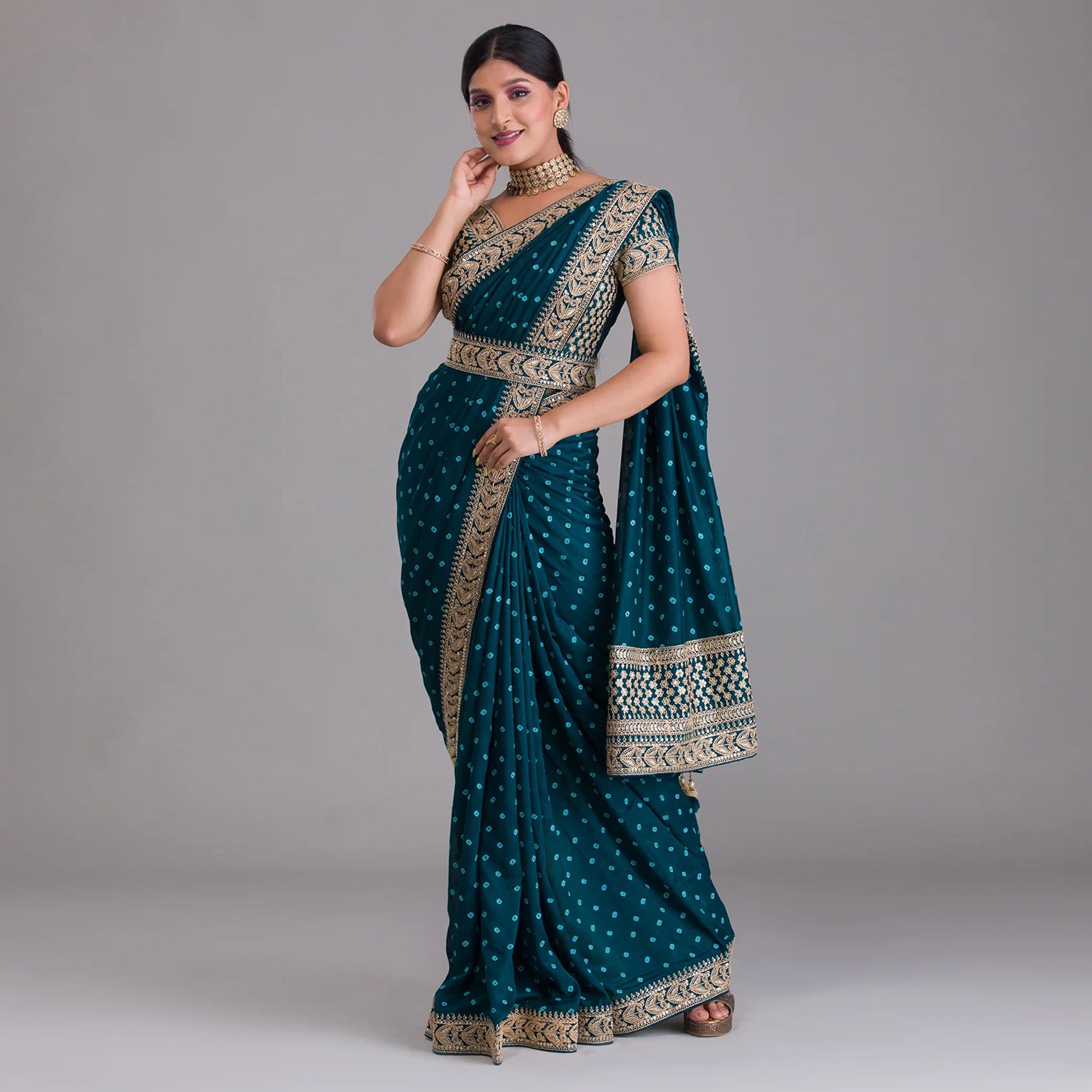 Blue Printed With Embroidered Vichitra Silk Saree