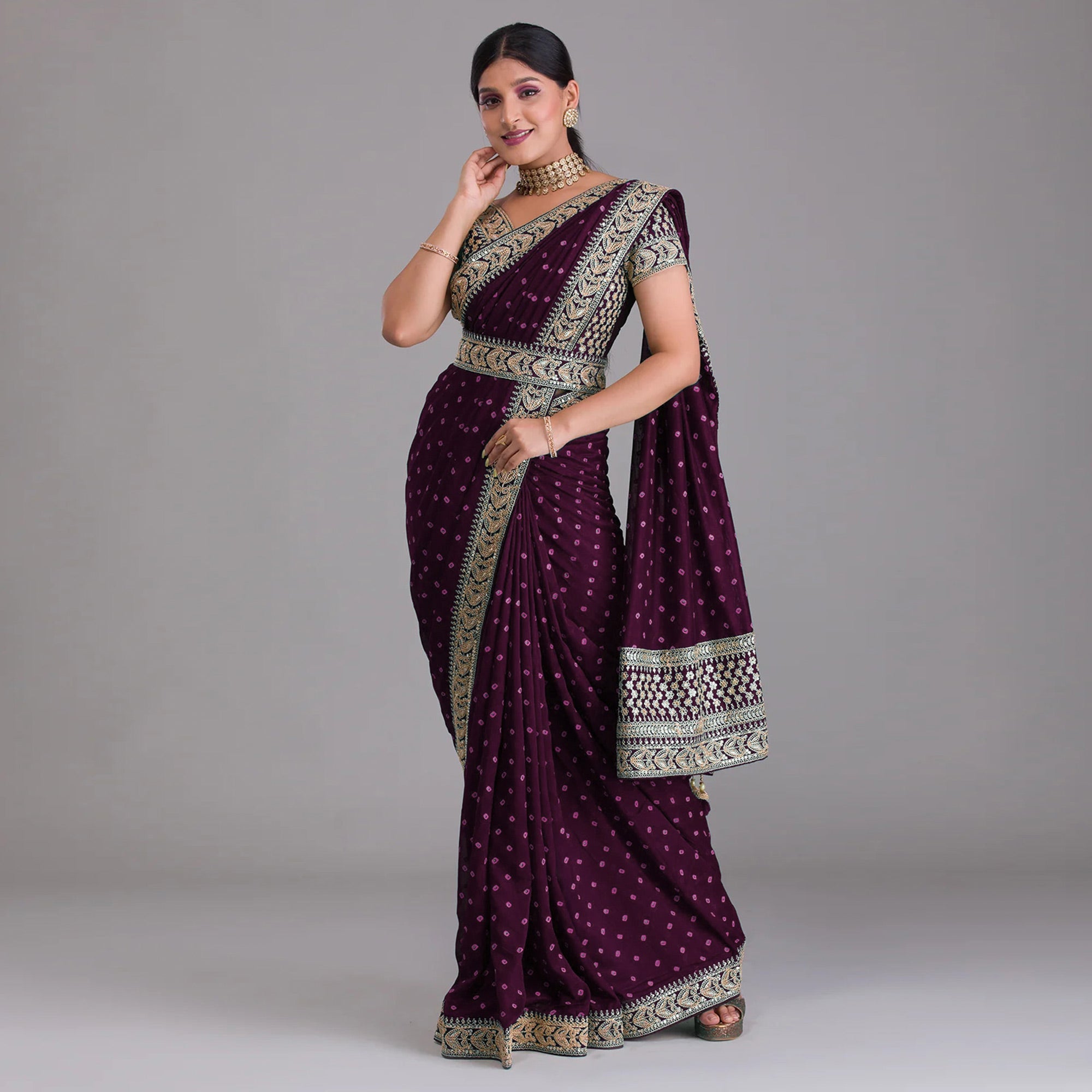 Wine Printed With Embroidered Vichitra Silk Saree