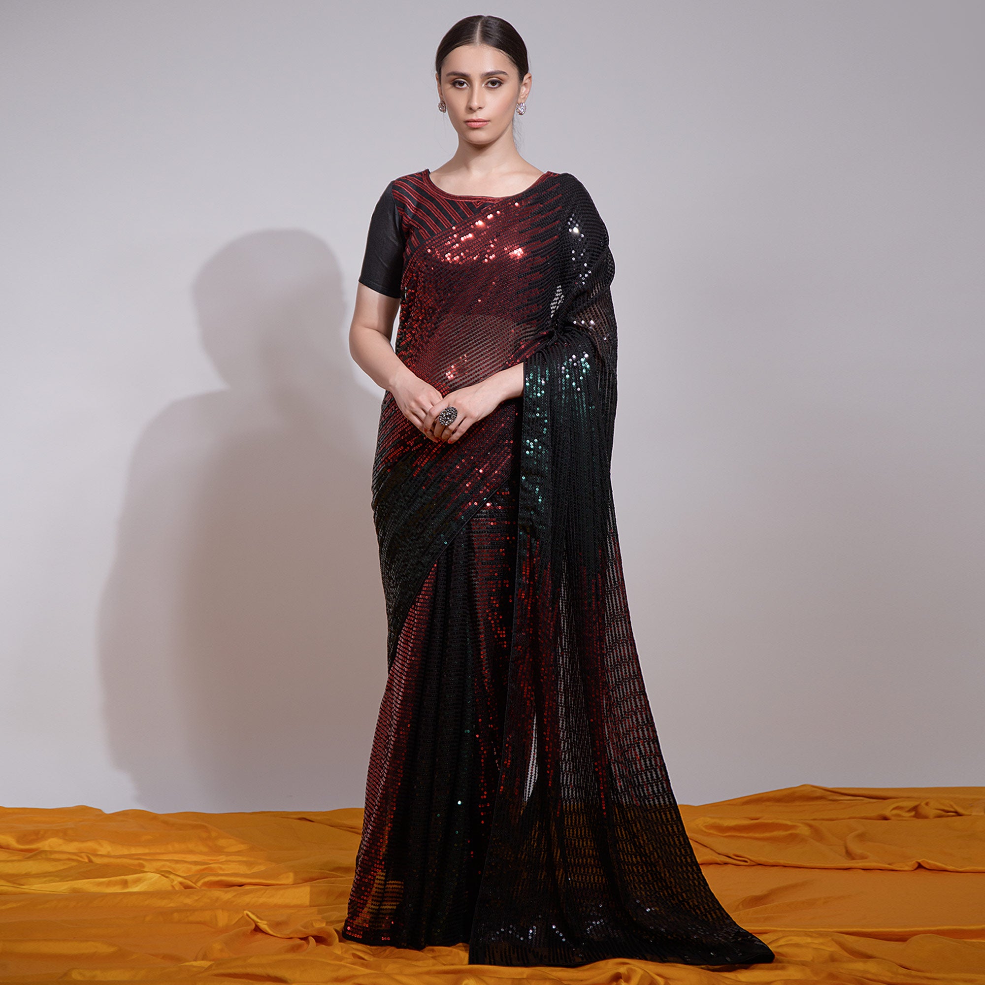 Black & Red Sequins Embroidered Georgette Saree