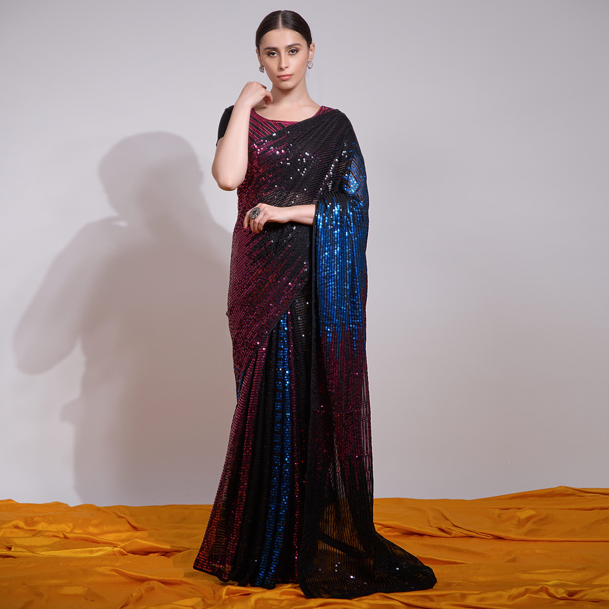 Black & Blue Sequins Embroidered Georgette Saree