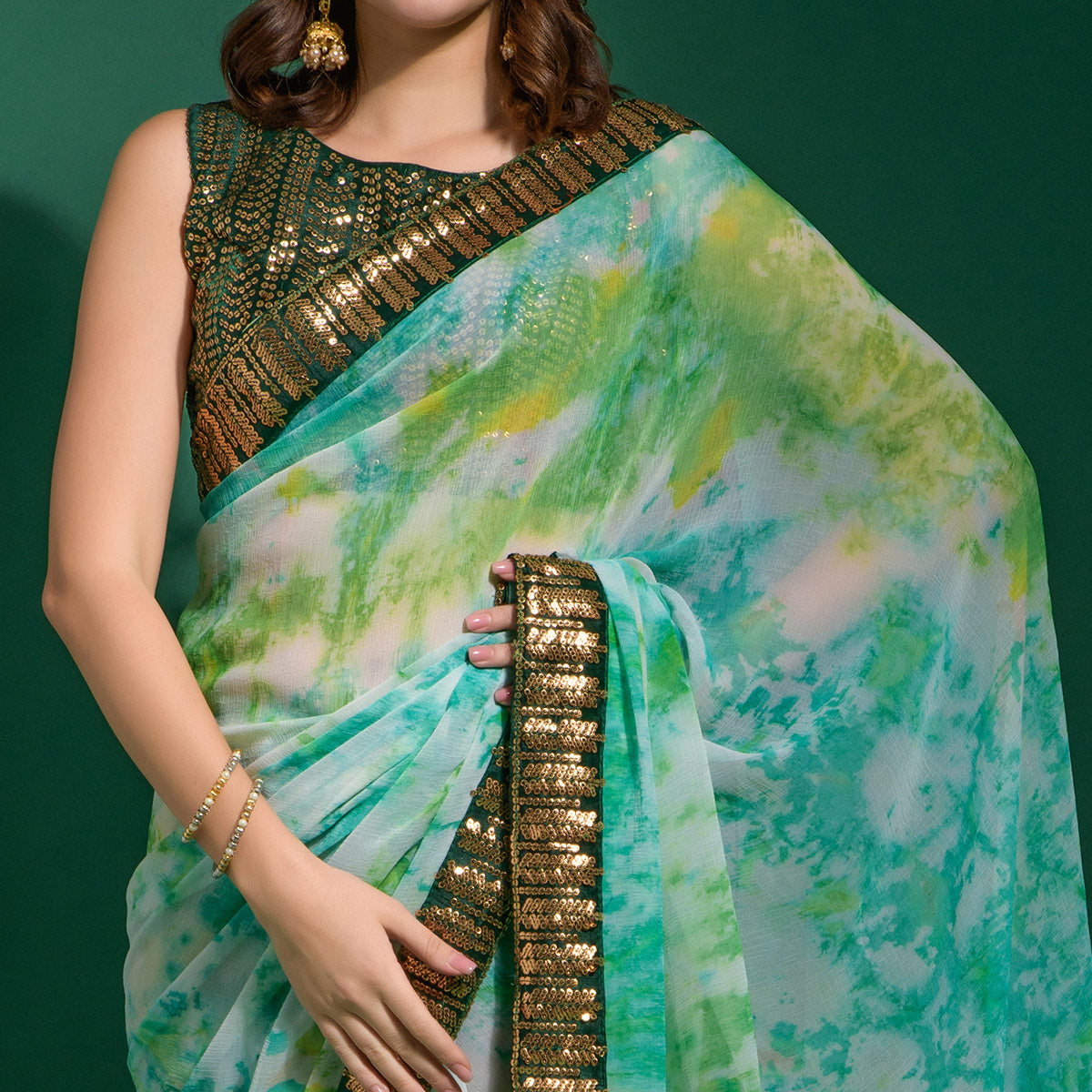 Green Printed With Sequins Border Chiffon Saree