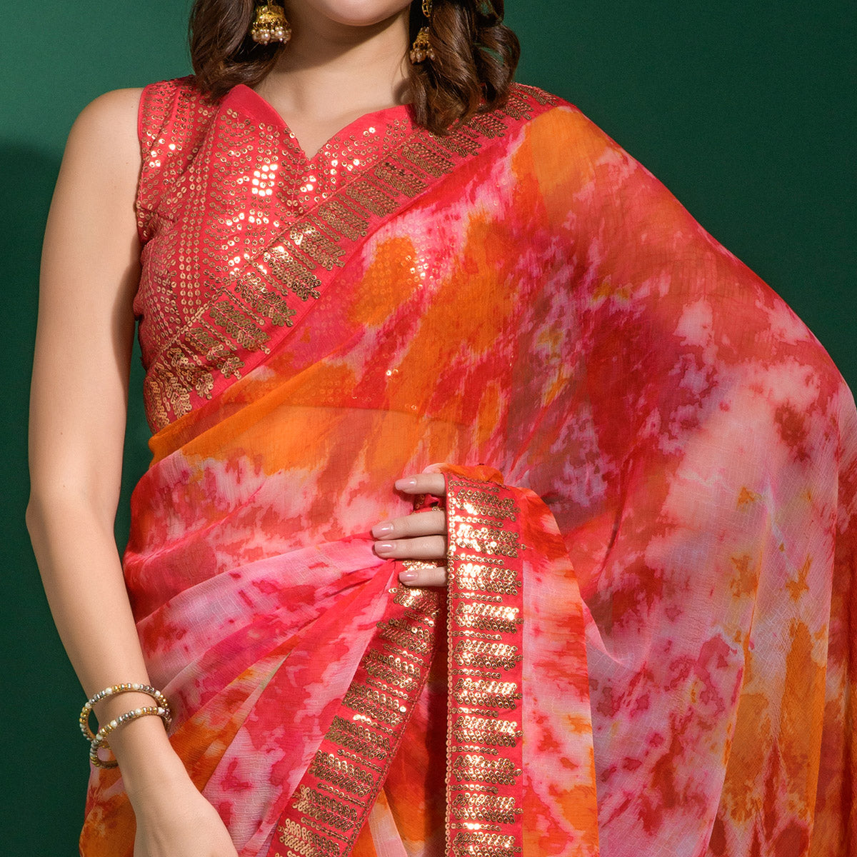 Red Printed With Sequins Border Chiffon Saree