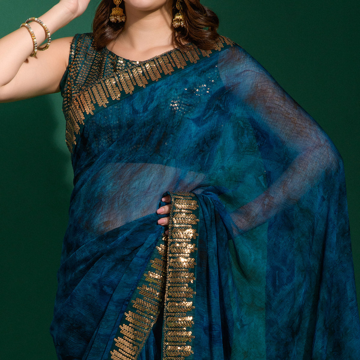 Navy Blue Printed With Sequins Border Chiffon Saree