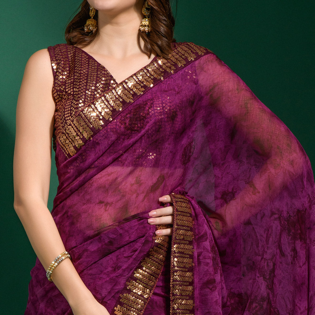 Wine Printed With Sequins Border Chiffon Saree