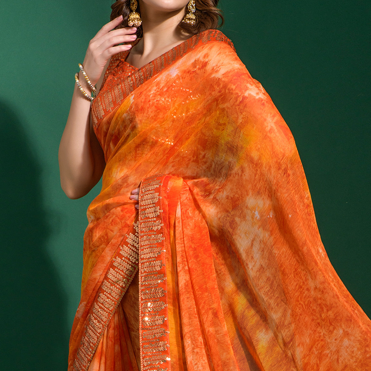 Orange Printed With Sequins Border Chiffon Saree