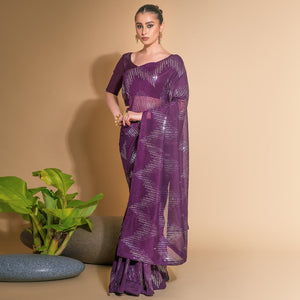 Wine Sequins Embroidered Georgette Saree