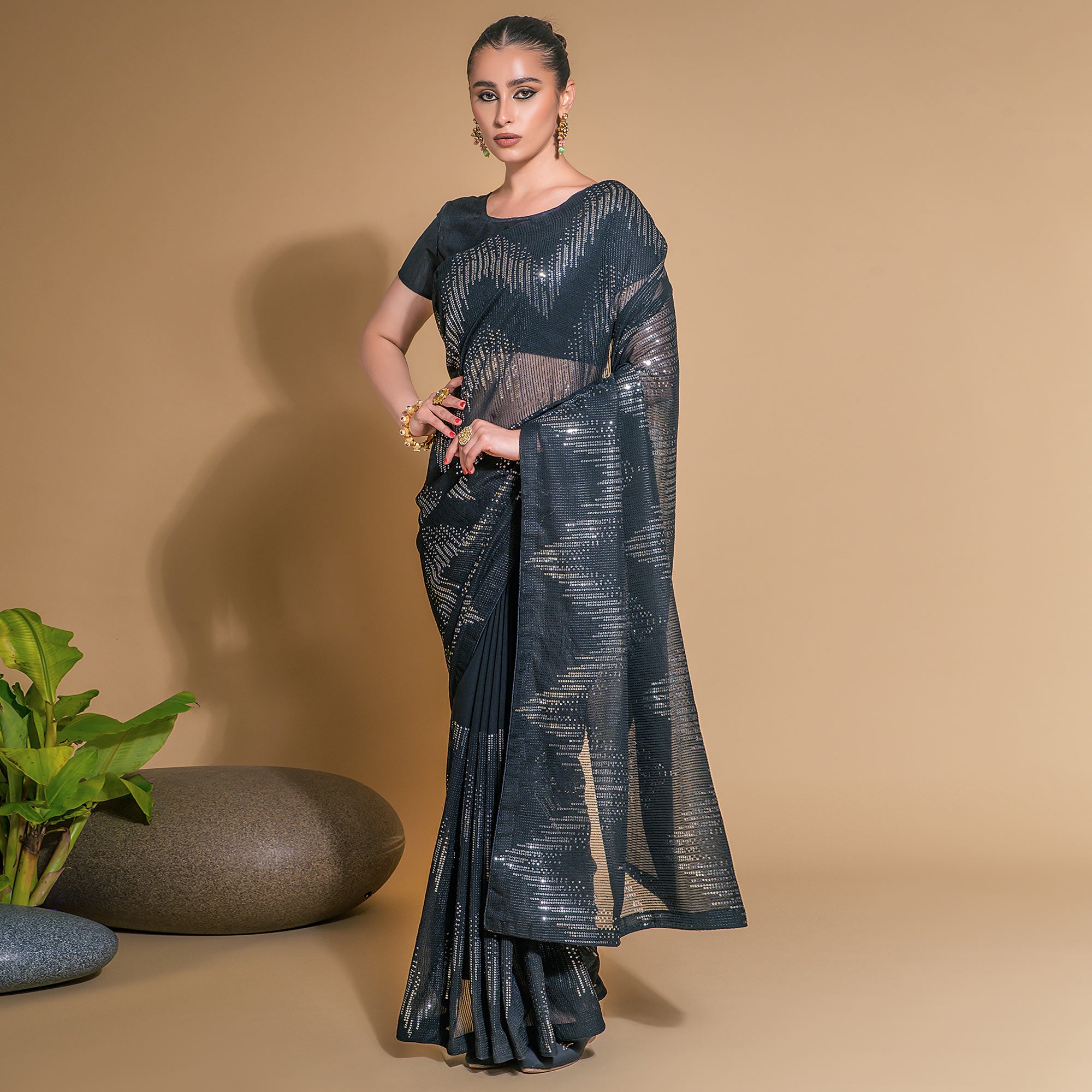 Black Sequins Embroidered Georgette Saree