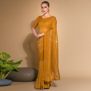 Mustard Sequins Embroidered Georgette Saree