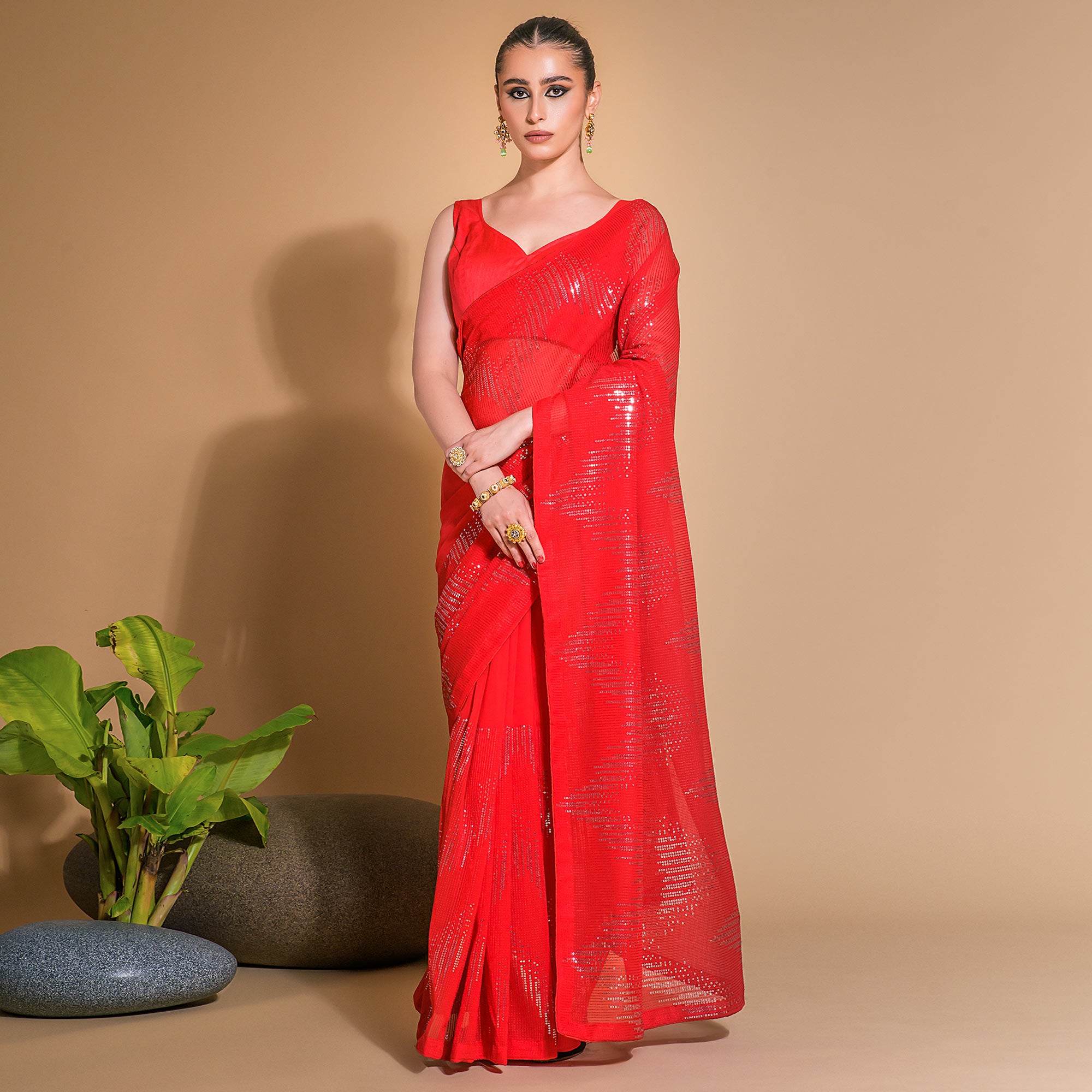 Red Sequins Embroidered Georgette Saree