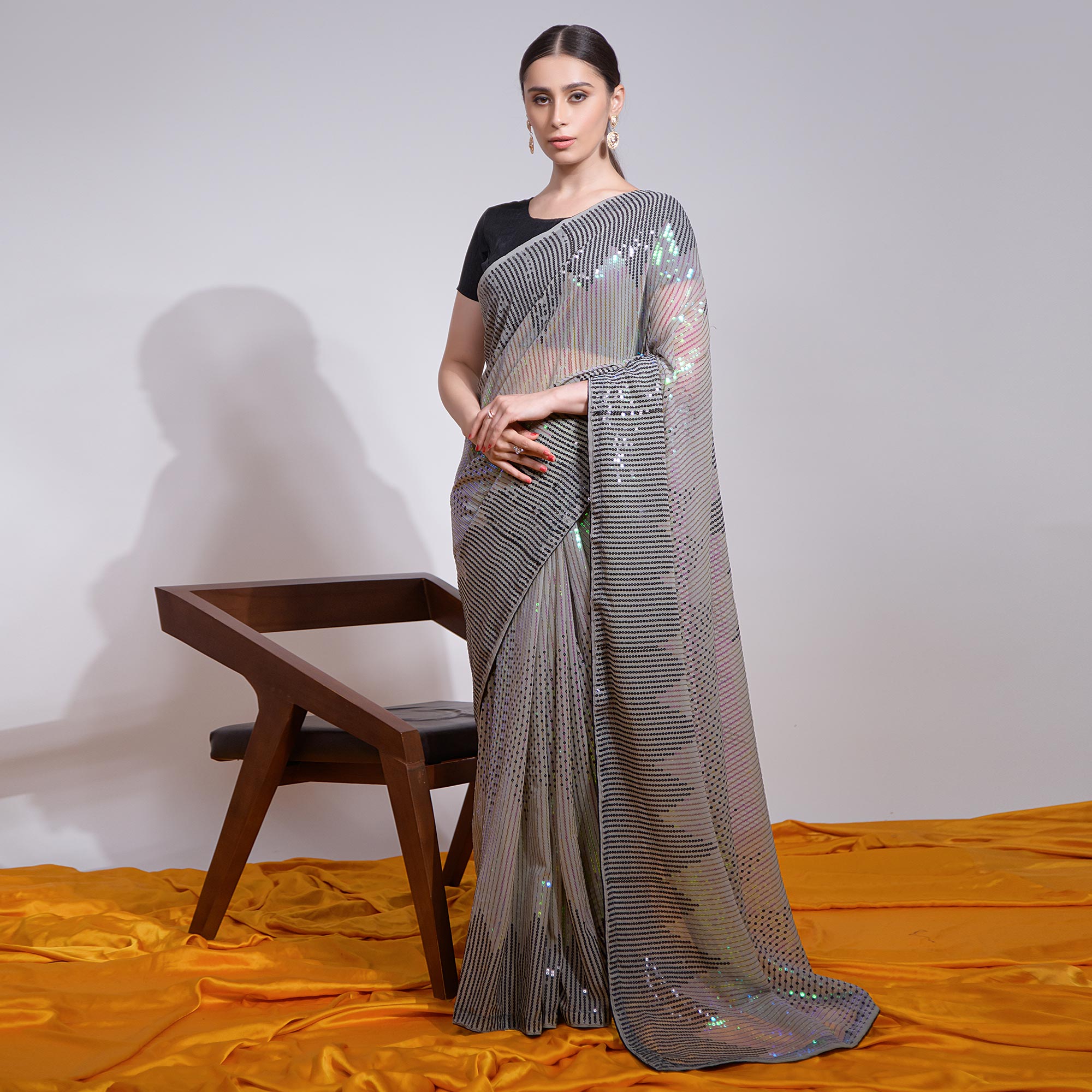 Grey Sequins Embroidered Georgette Saree