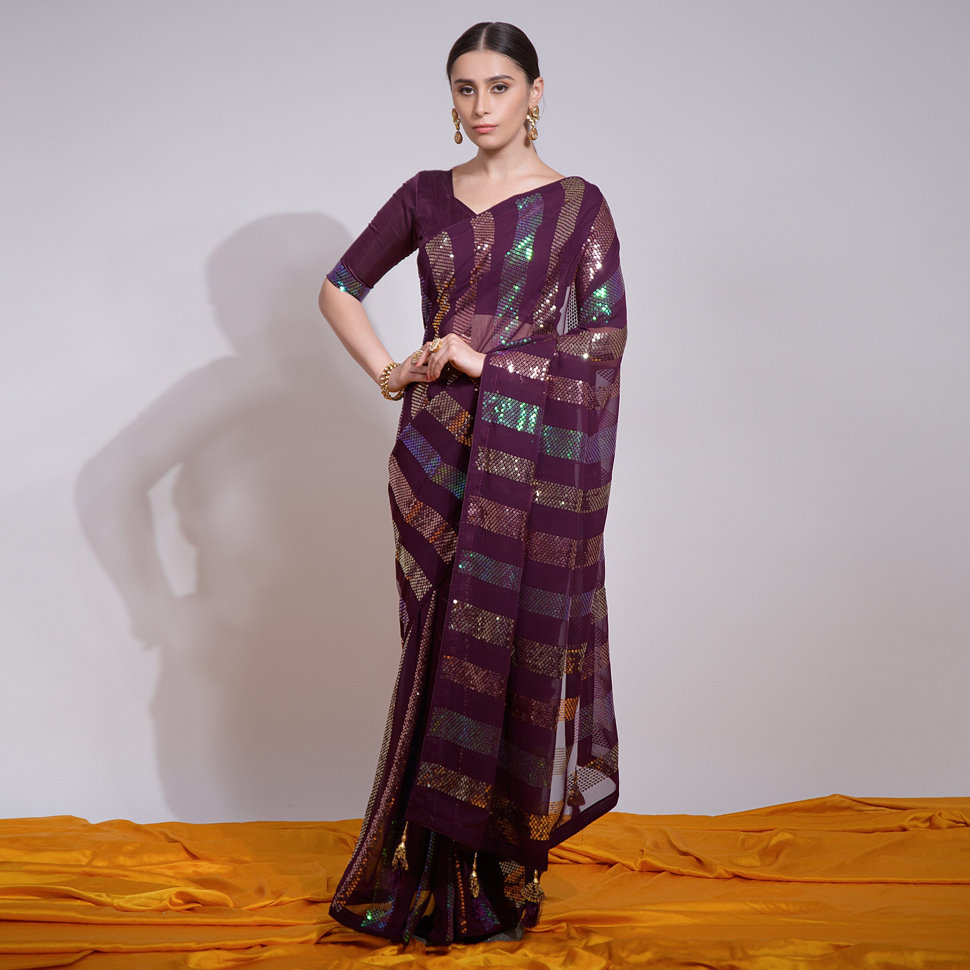 Wine Sequins Embroidered Georgette Saree