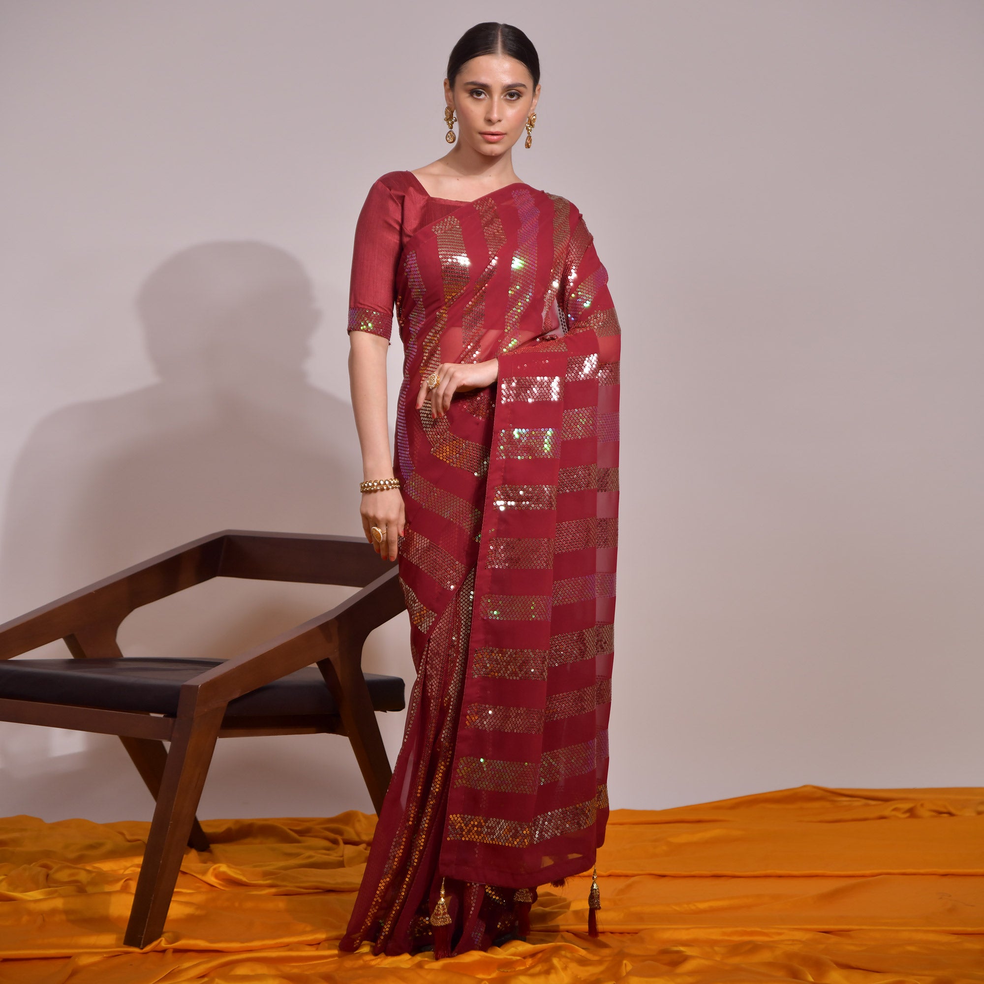 Maroon Sequins Embroidered Georgette Saree