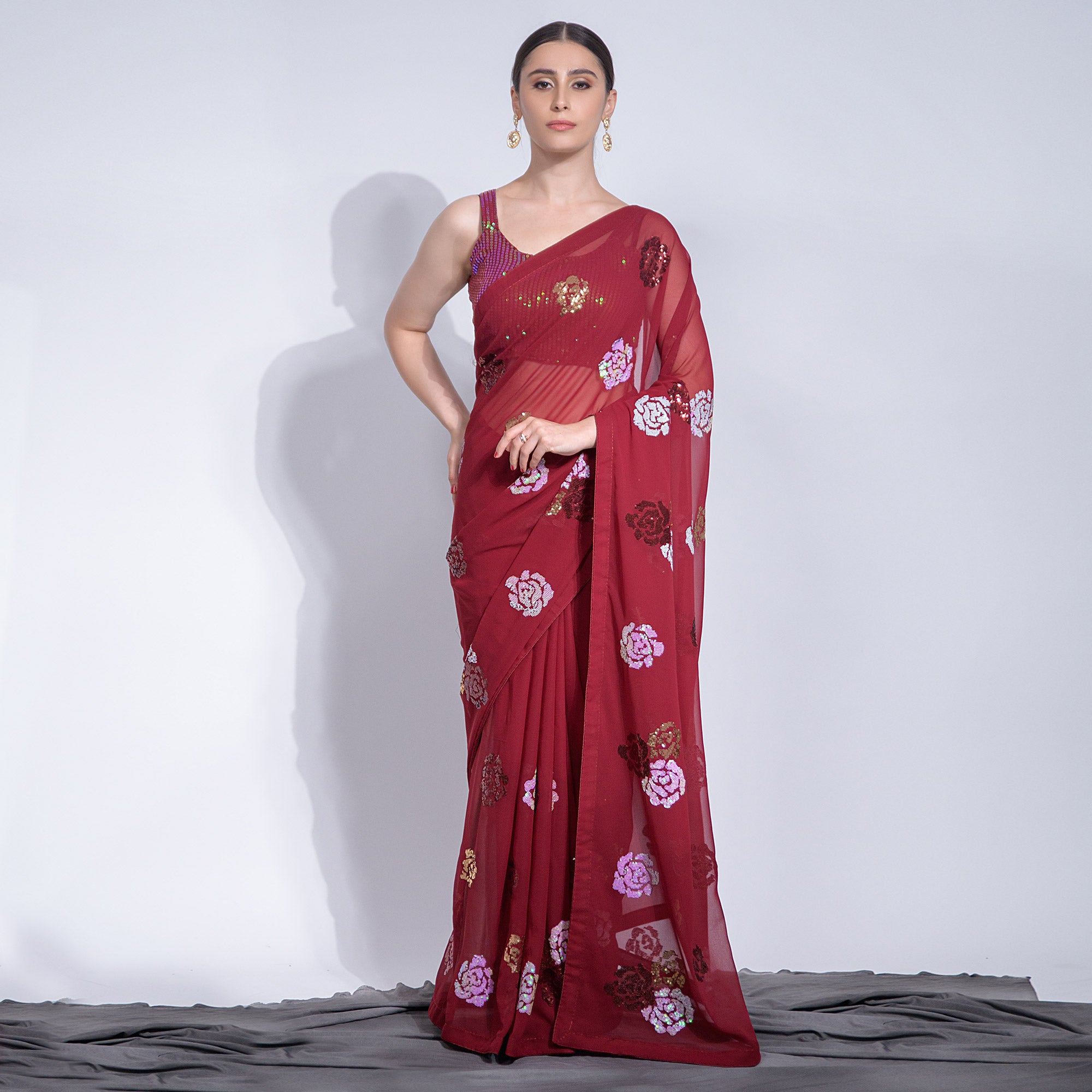 Maroon Sequins Embroidered Georgette Saree