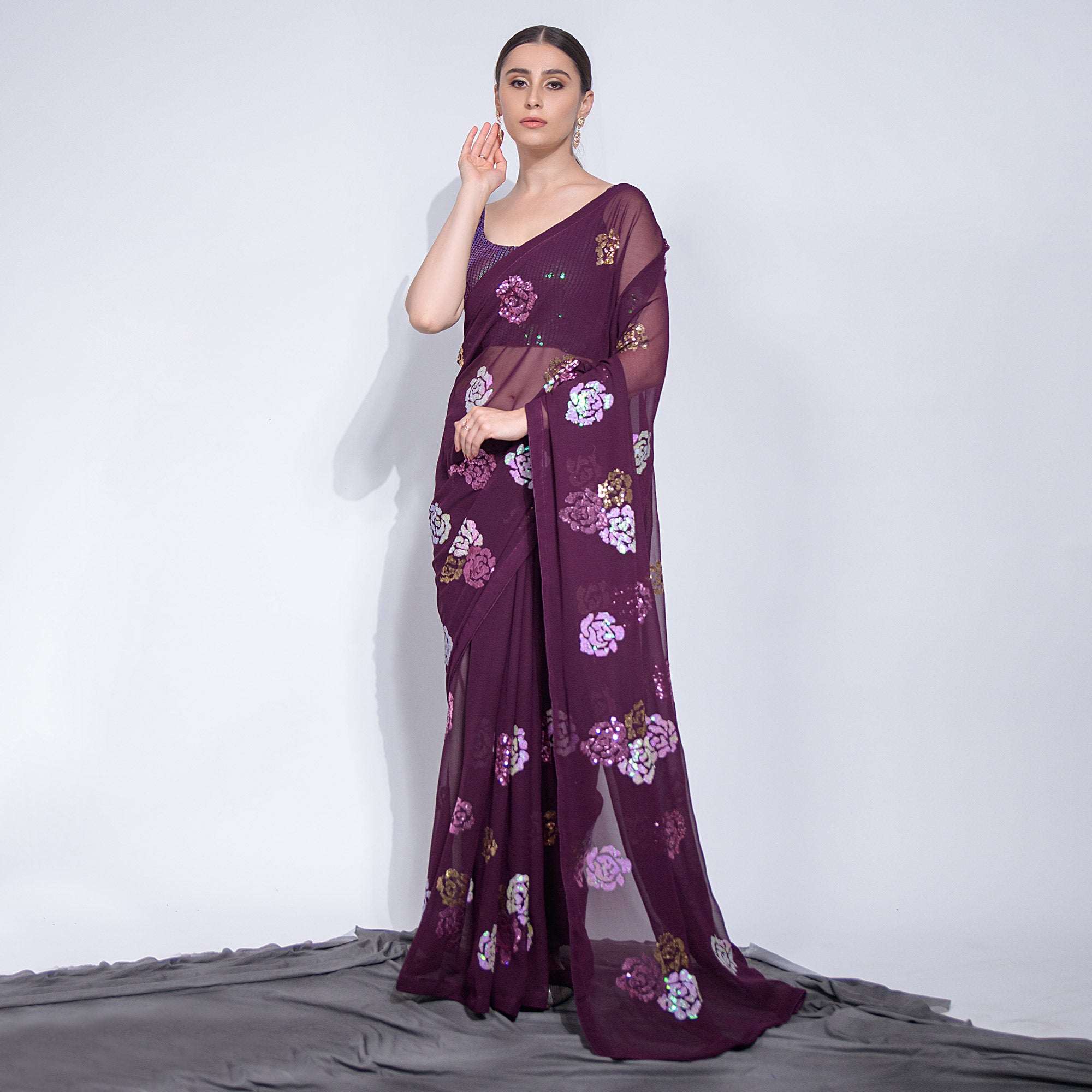 Wine Sequins Embroidered Georgette Saree