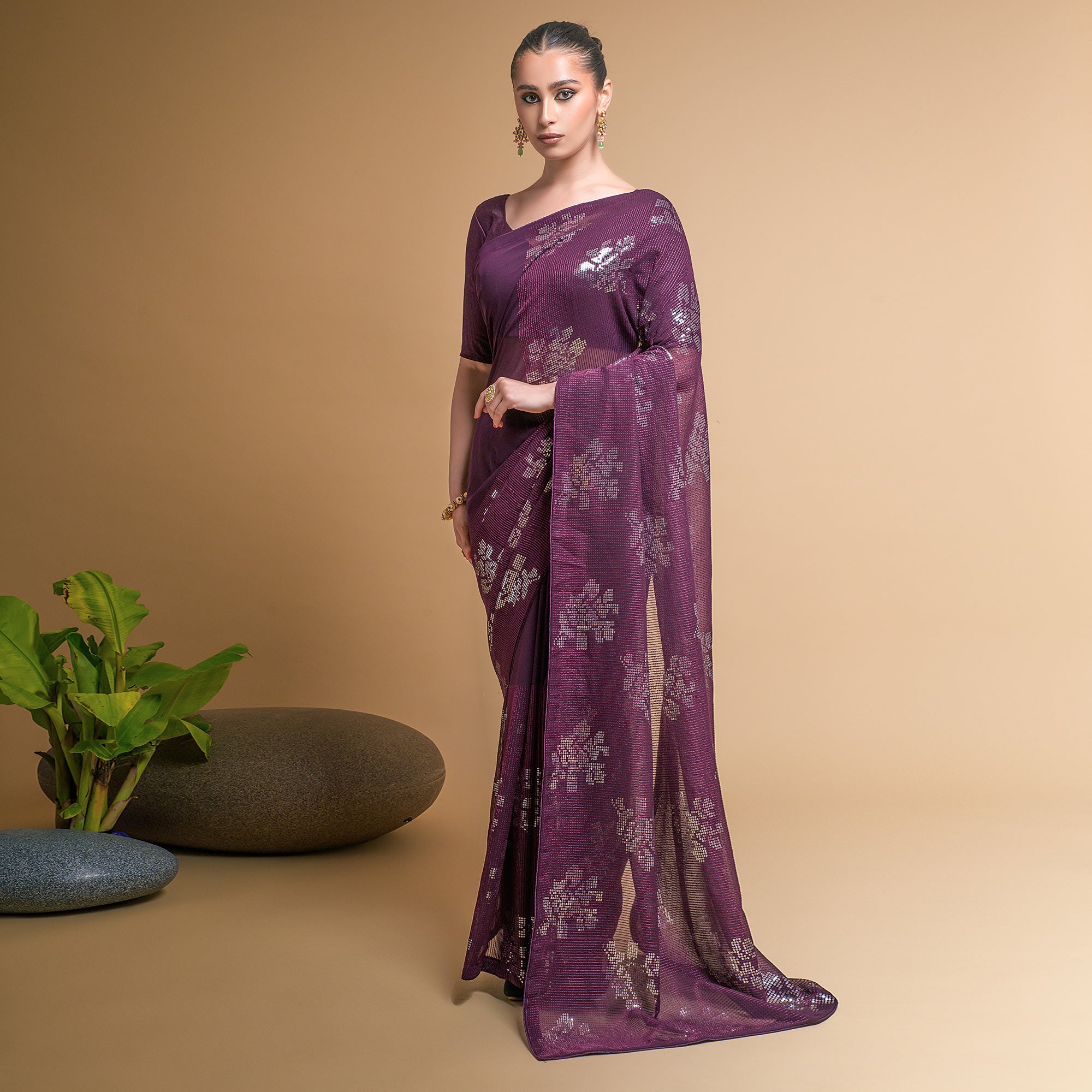 Wine Sequins Embroidered Georgette Saree