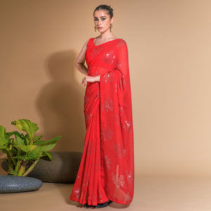 Red Sequins Embroidered Georgette Saree