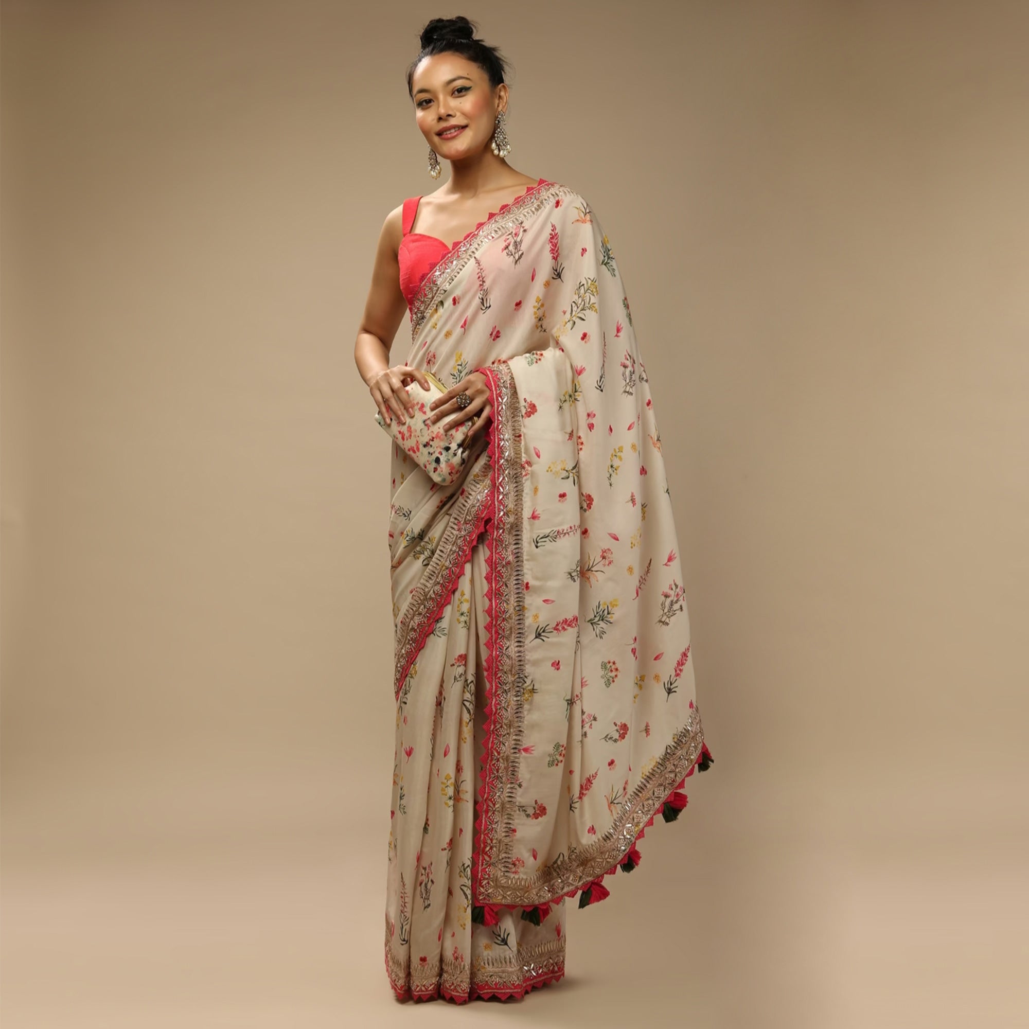 Off White Floral Printed Chinon Saree