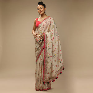 Off White Floral Printed Chinon Saree