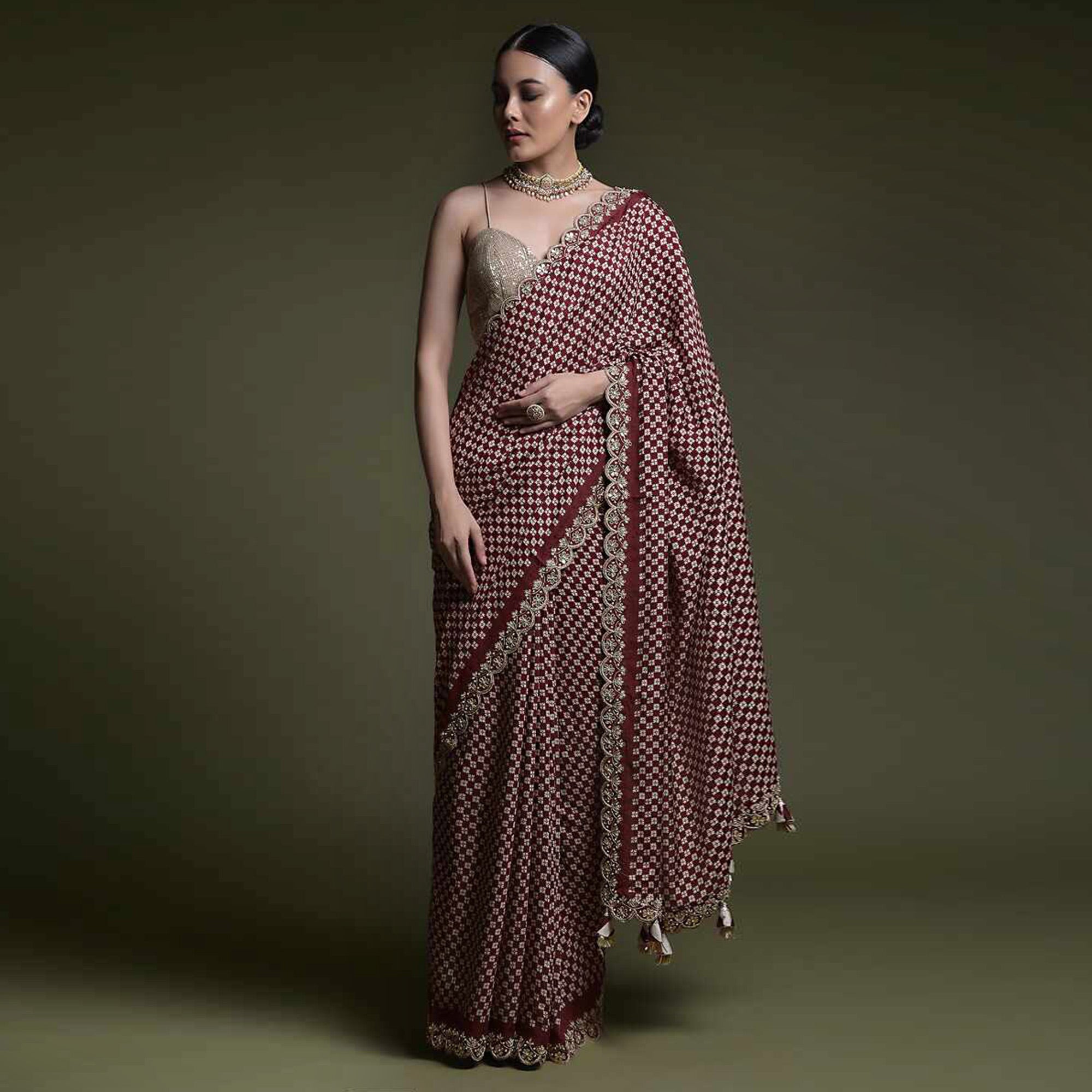 Maroon Printed With Embroidered Border Chinon Saree